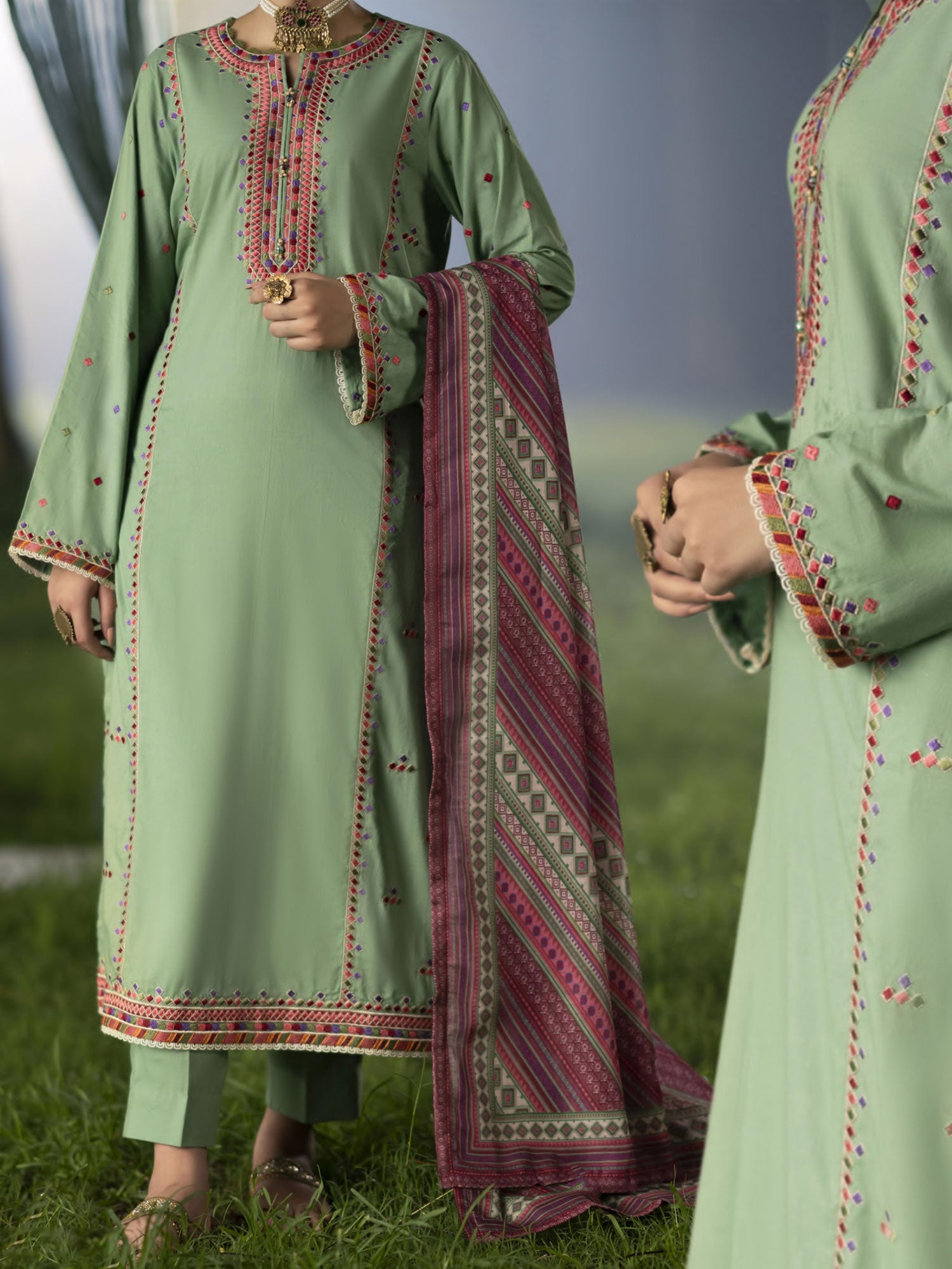 Casual Lite "Shanasai" Embroidered Winter Linen Suit - Green