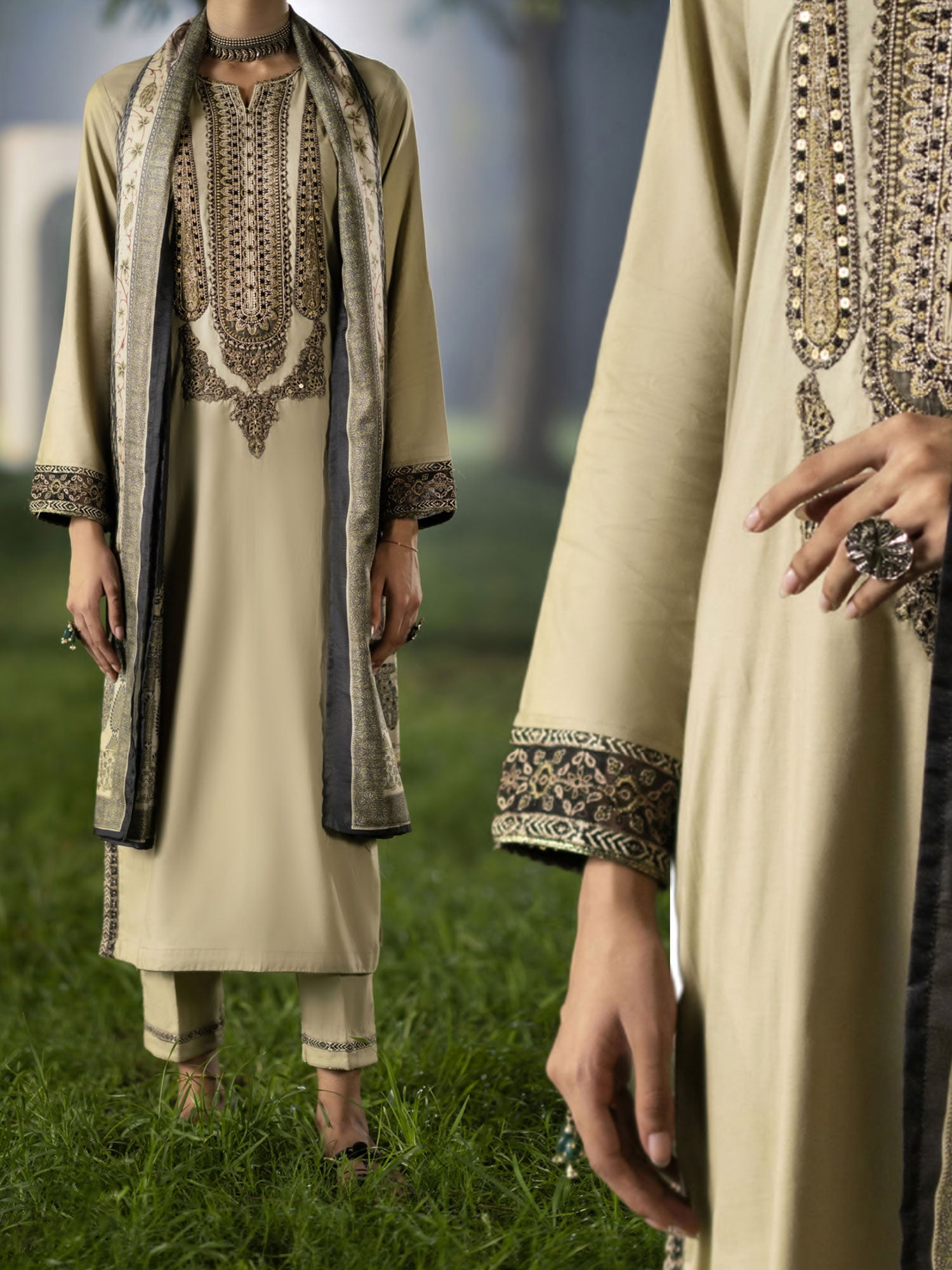 Casual Lite "Shanasai" Embroidered Winter Linen Suit - Beige