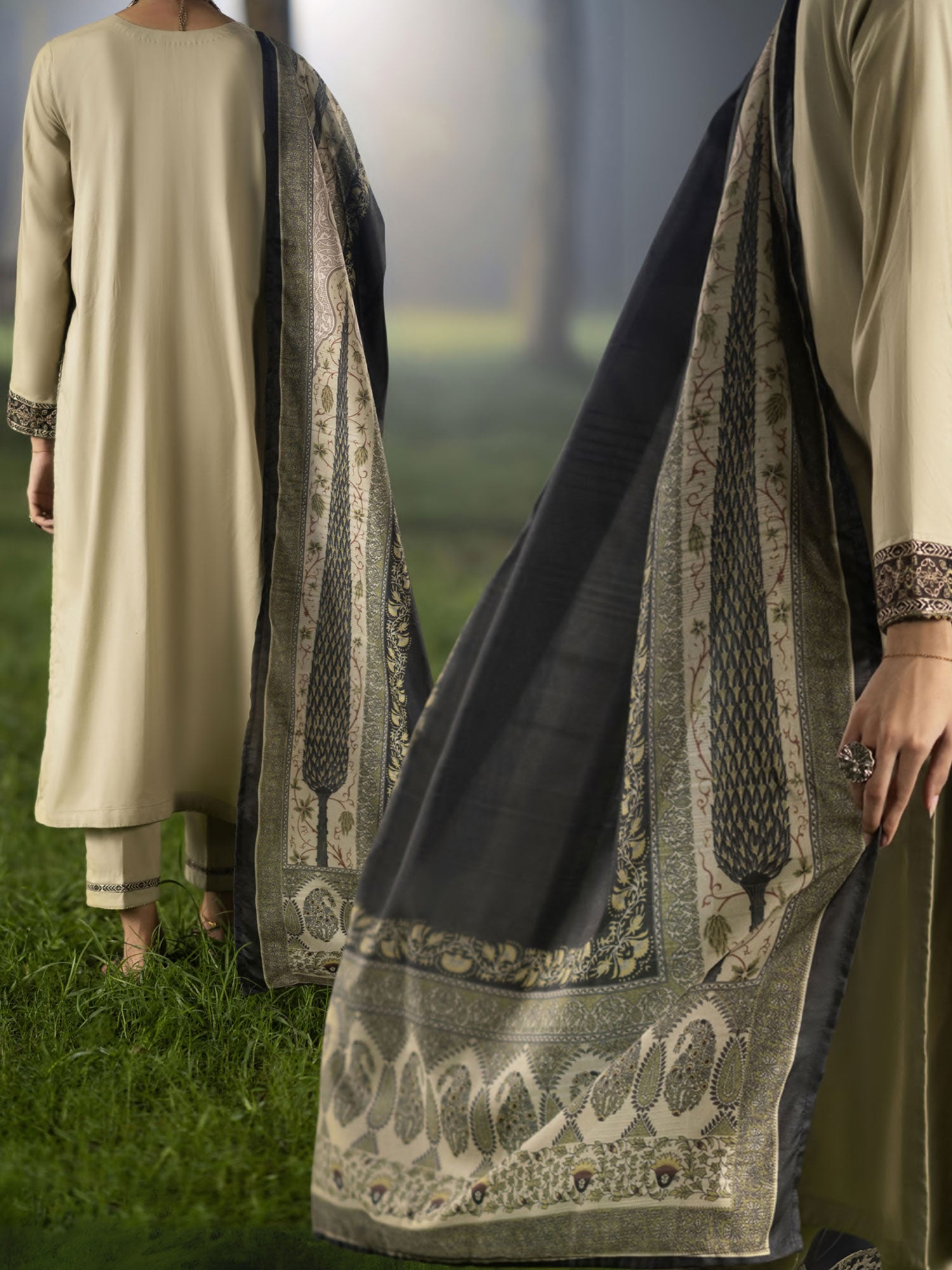 Casual Lite "Shanasai" Embroidered Winter Linen Suit - Beige