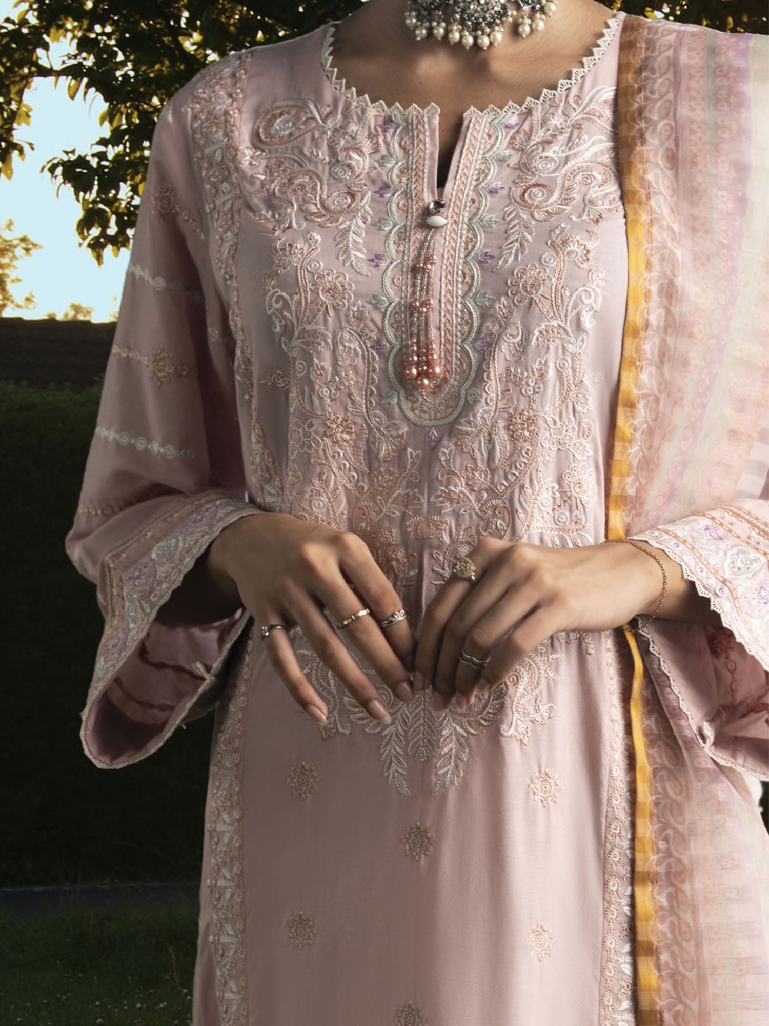 Casual Lite "Shanasai" Embroidered Winter Linen Suit - Pink