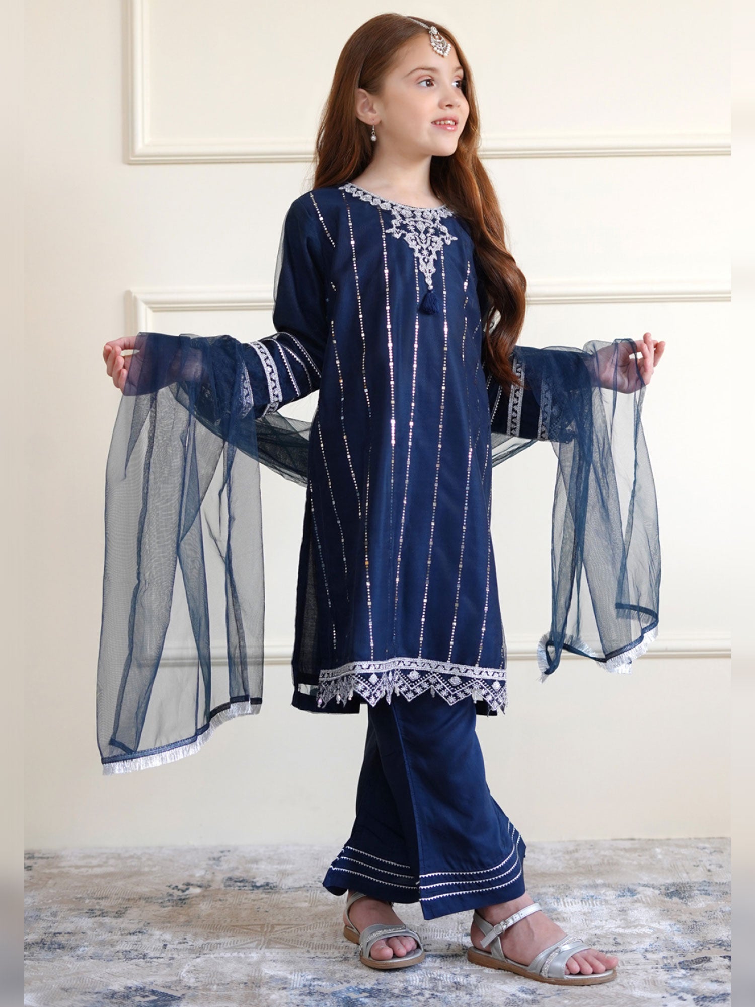 Kids Navy Blue Embroidered Net Suit