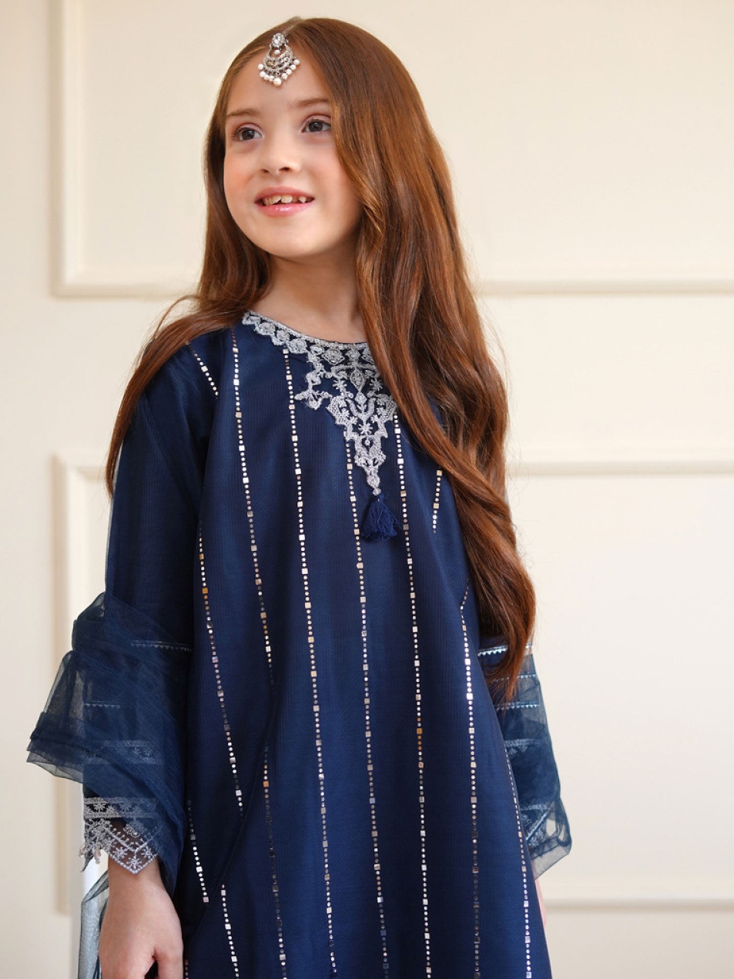 Kids Navy Blue Embroidered Net Suit