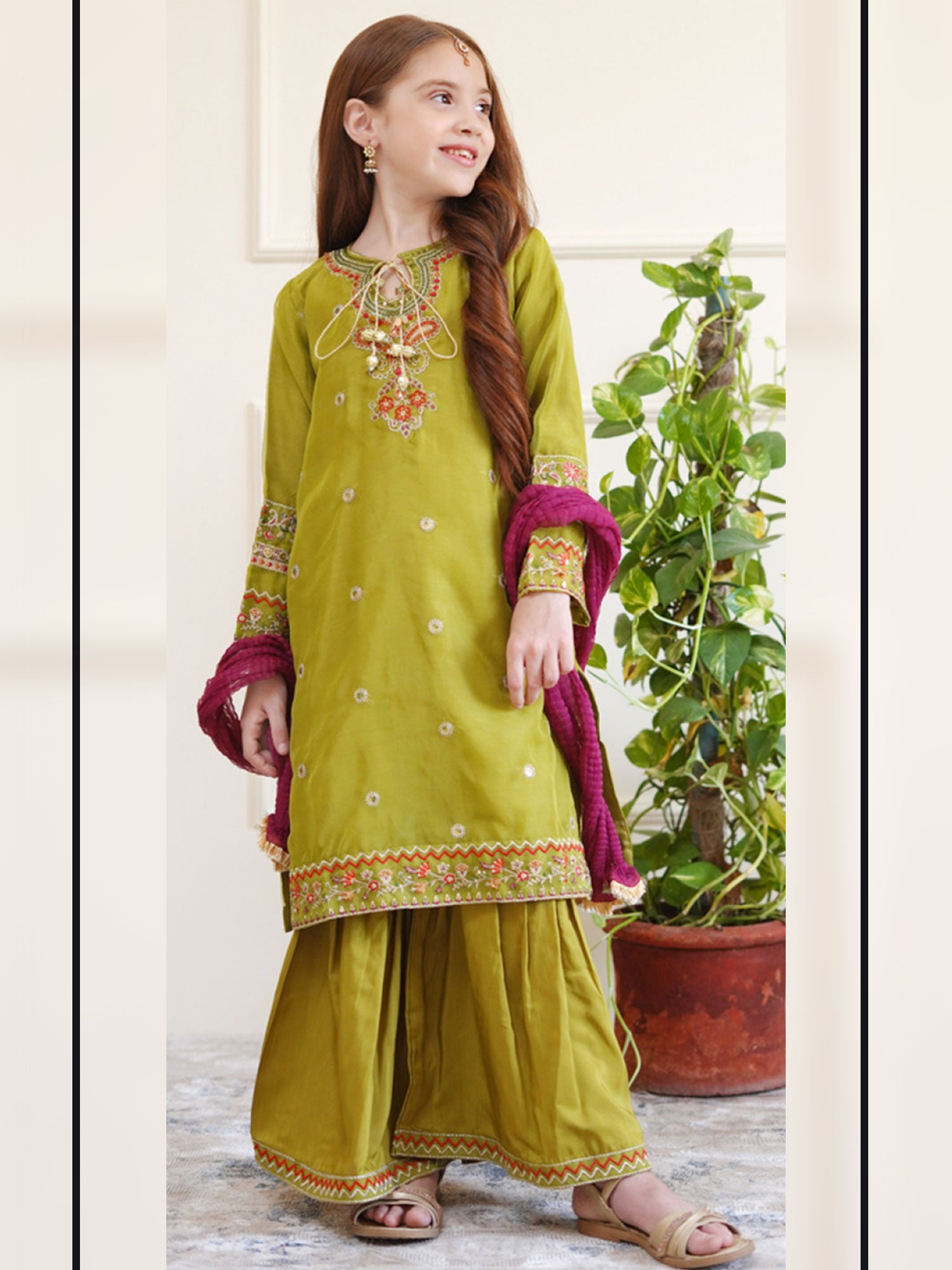 Kids Mehndi Embroidered Organza Suit with Gharara