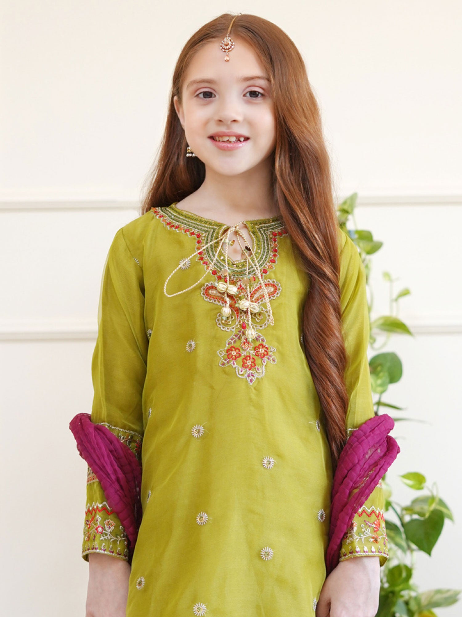 Kids Mehndi Embroidered Organza Suit with Gharara