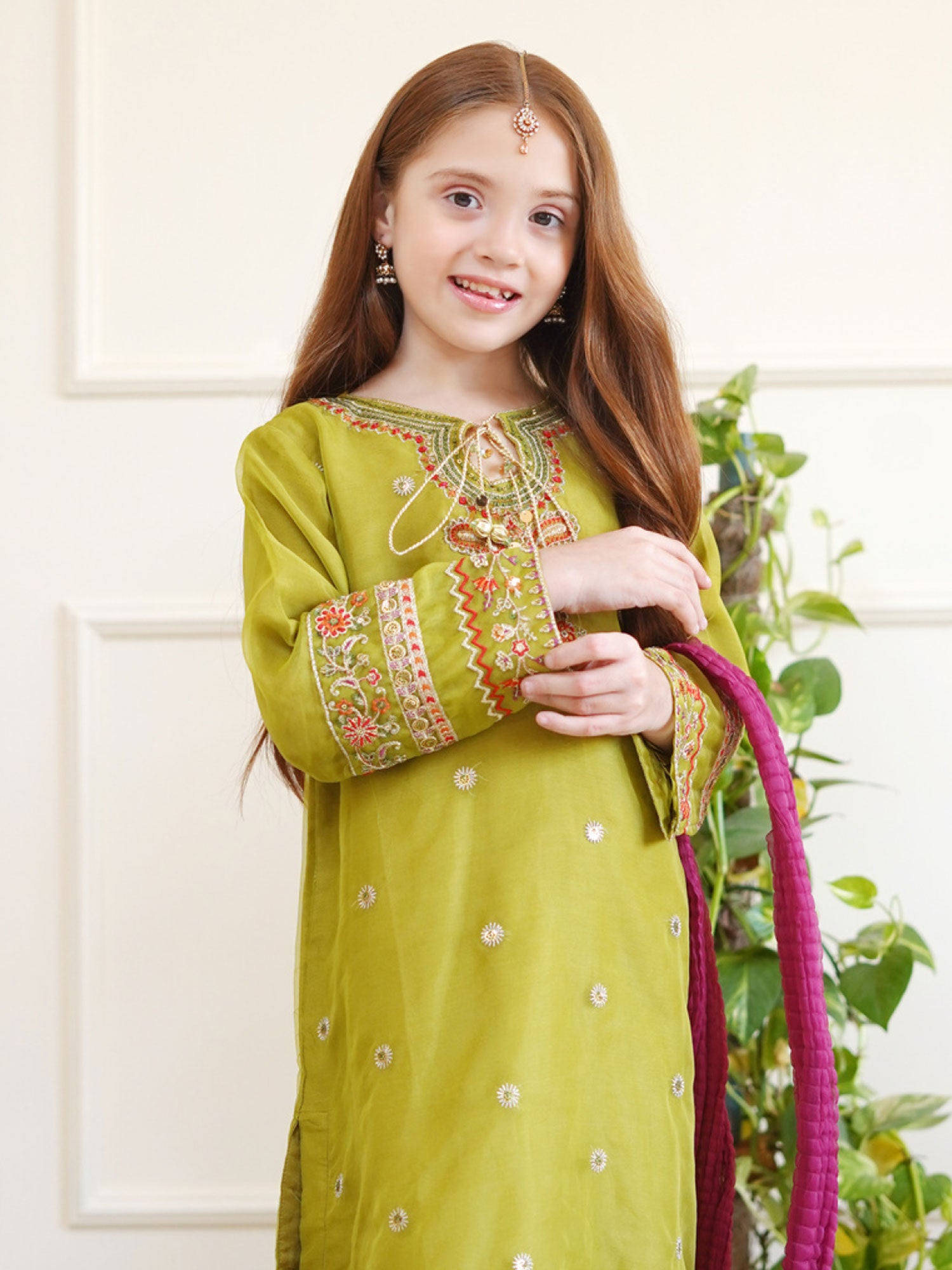 Kids Mehndi Embroidered Organza Suit with Gharara