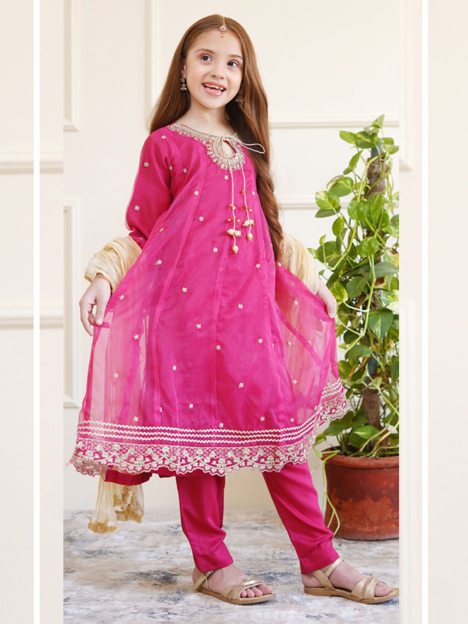 Kids Magenta Embroidered Organza Frock Suit