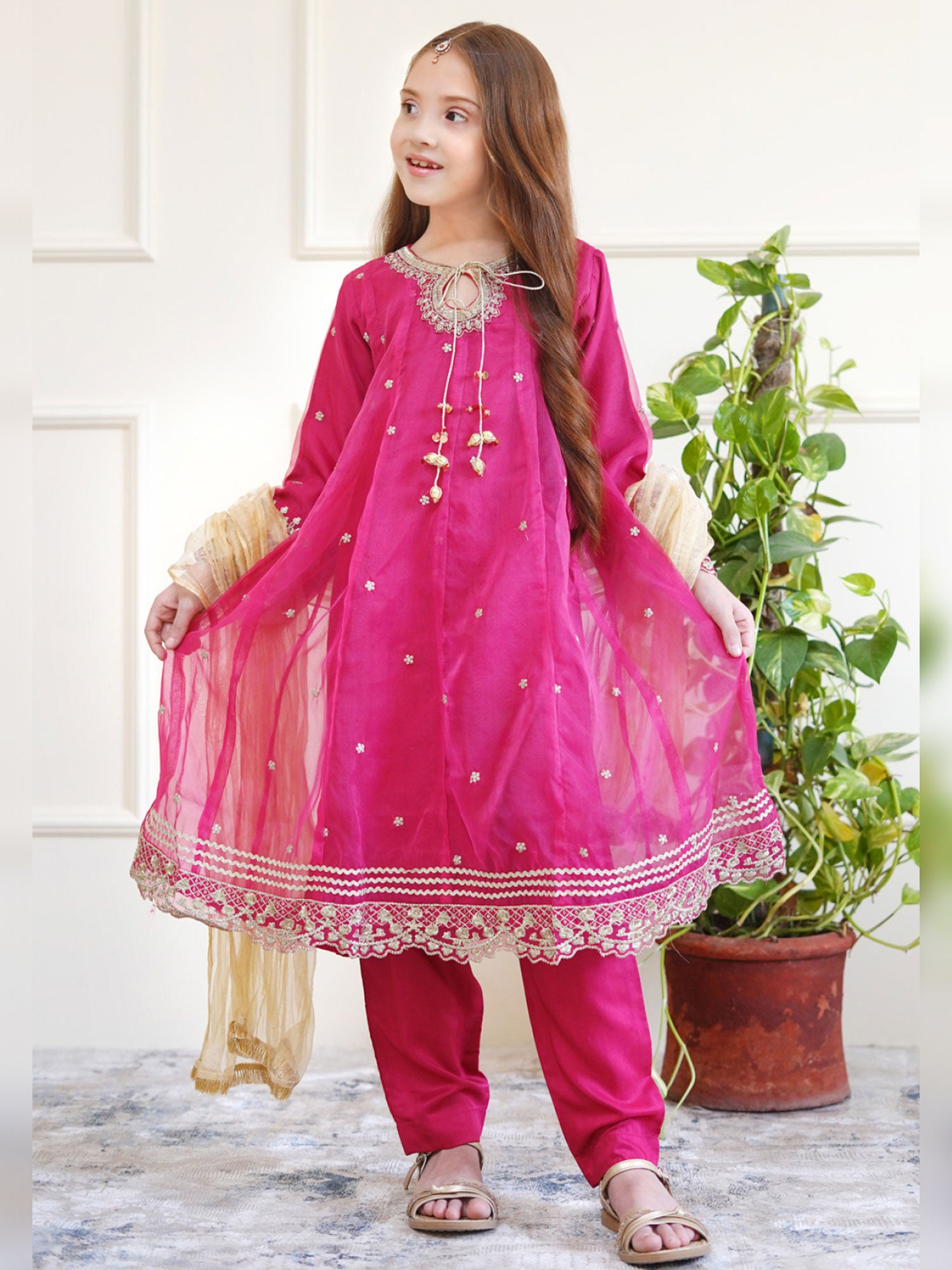 Kids Magenta Embroidered Organza Frock Suit