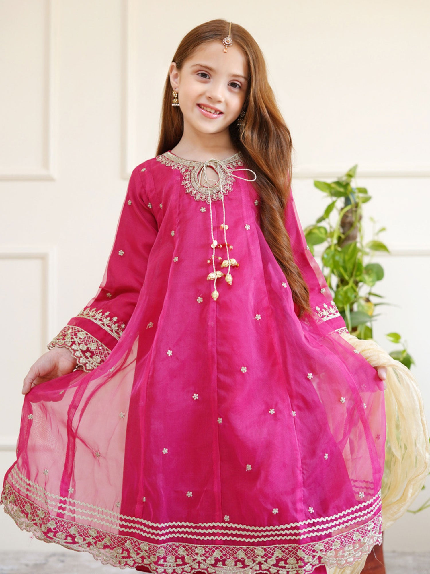 Kids Magenta Embroidered Organza Frock Suit