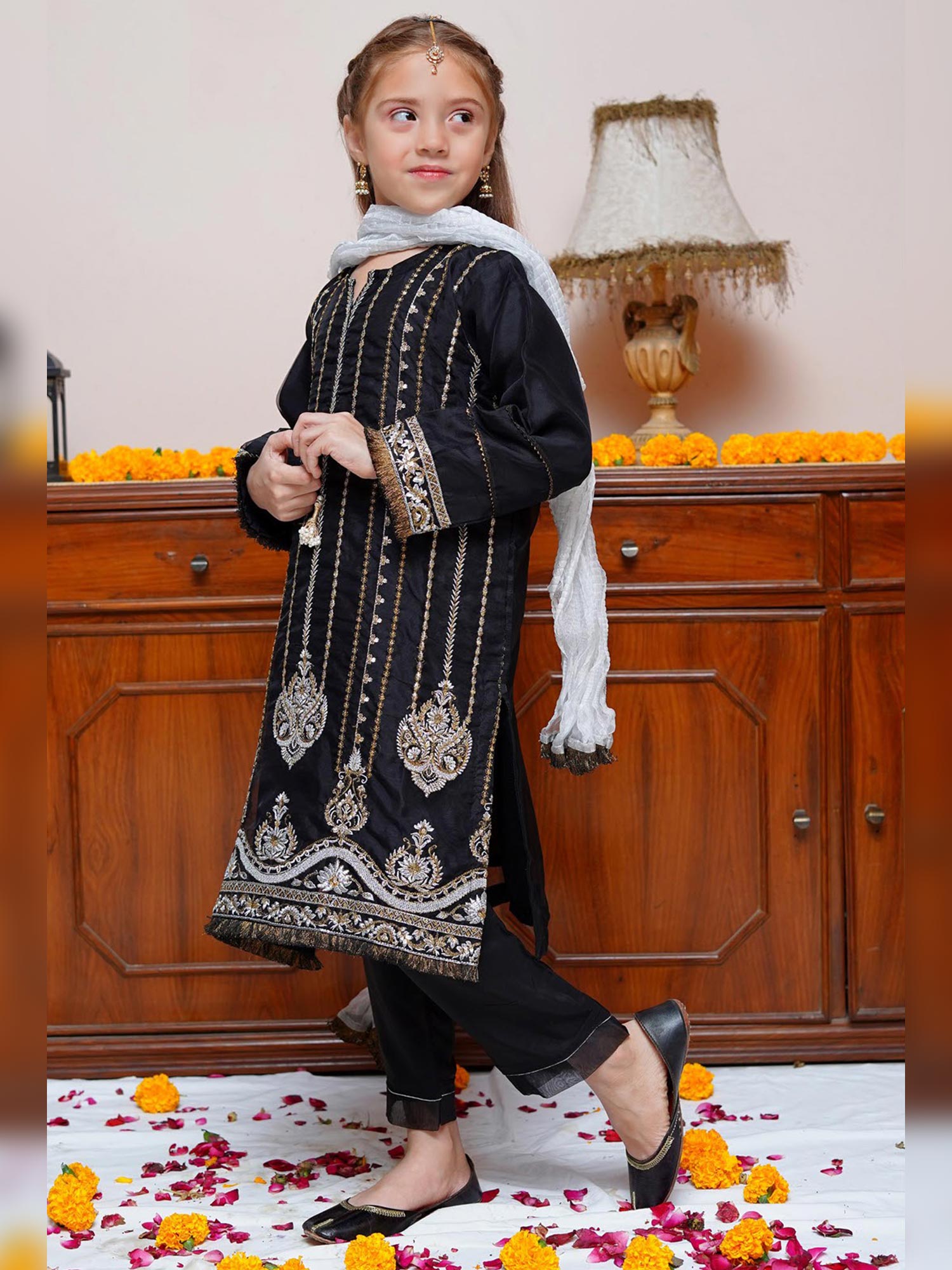 Kids Black Embroidered Organza 3-Piece Suit