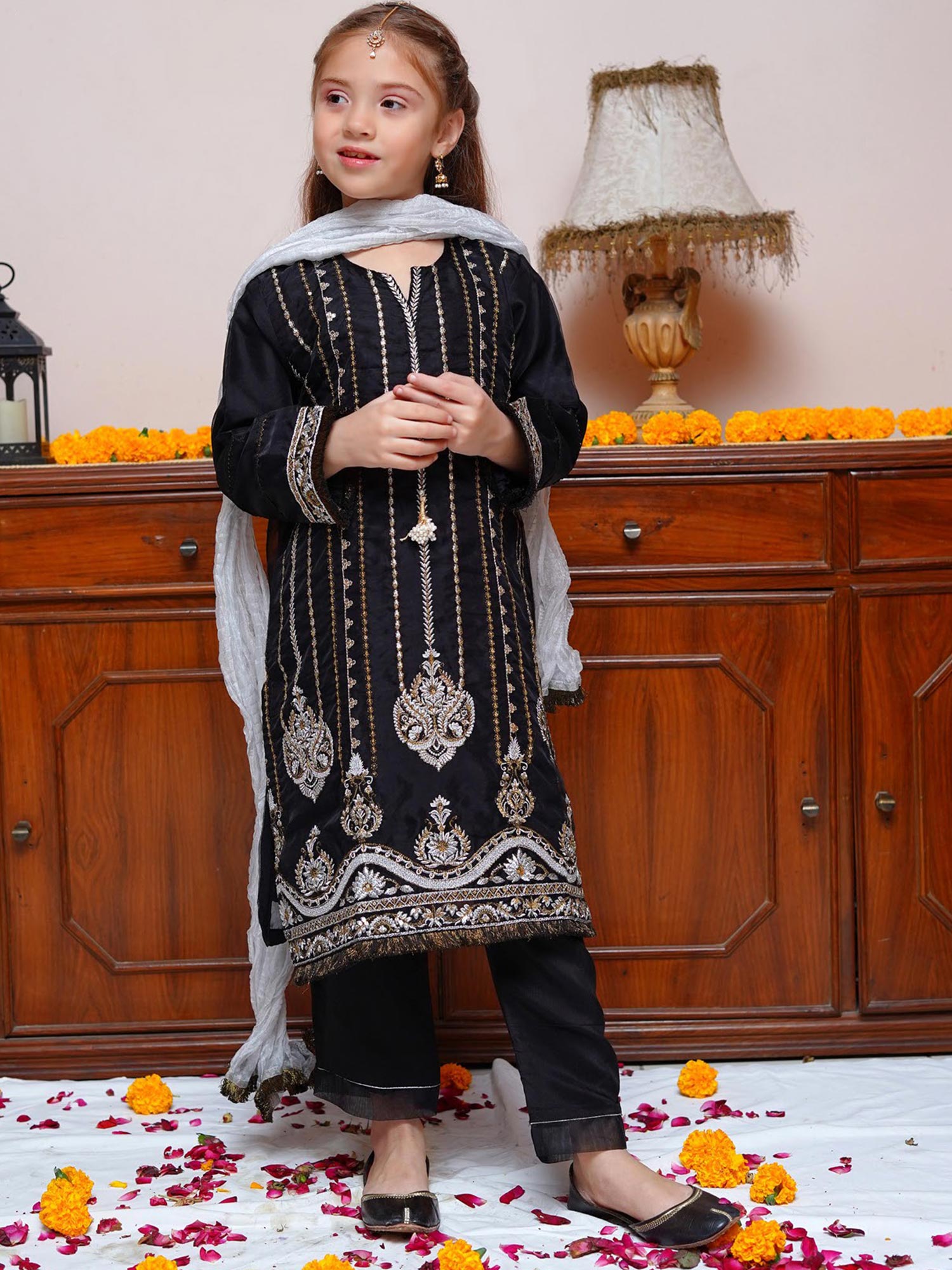 Kids Black Embroidered Organza 3-Piece Suit