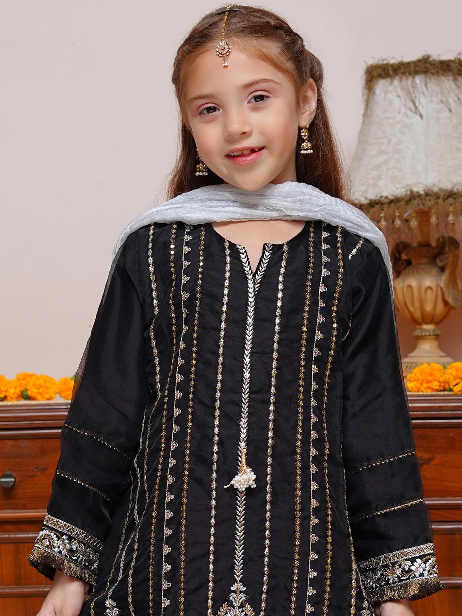 Kids Black Embroidered Organza 3-Piece Suit