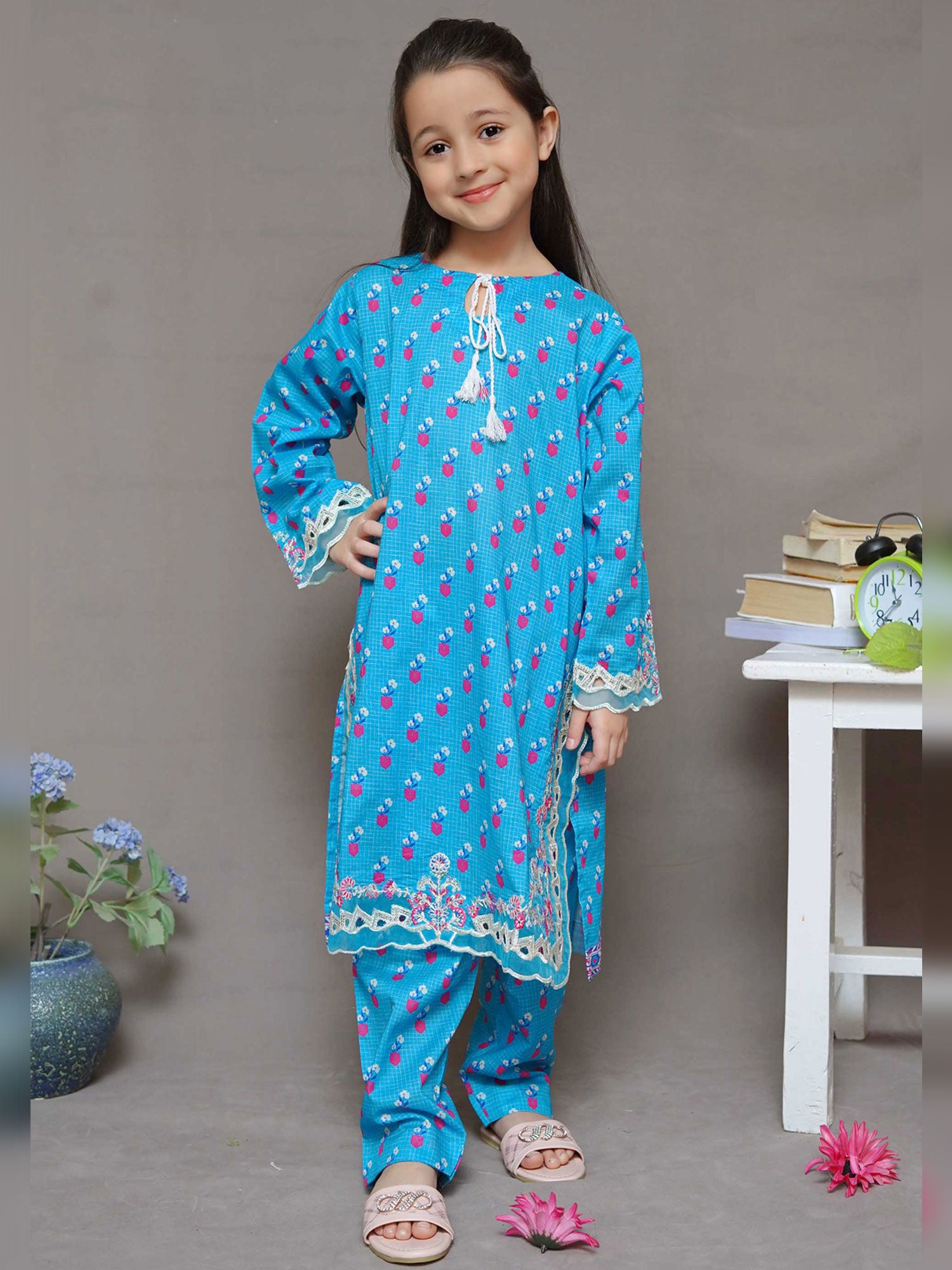 Kids Turquoise Embroidered Lawn 2-Piece Suit