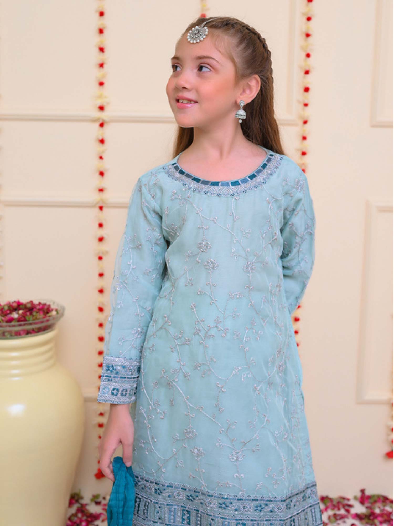 Kids Aqua Embroidered Organza 3-Piece Suit