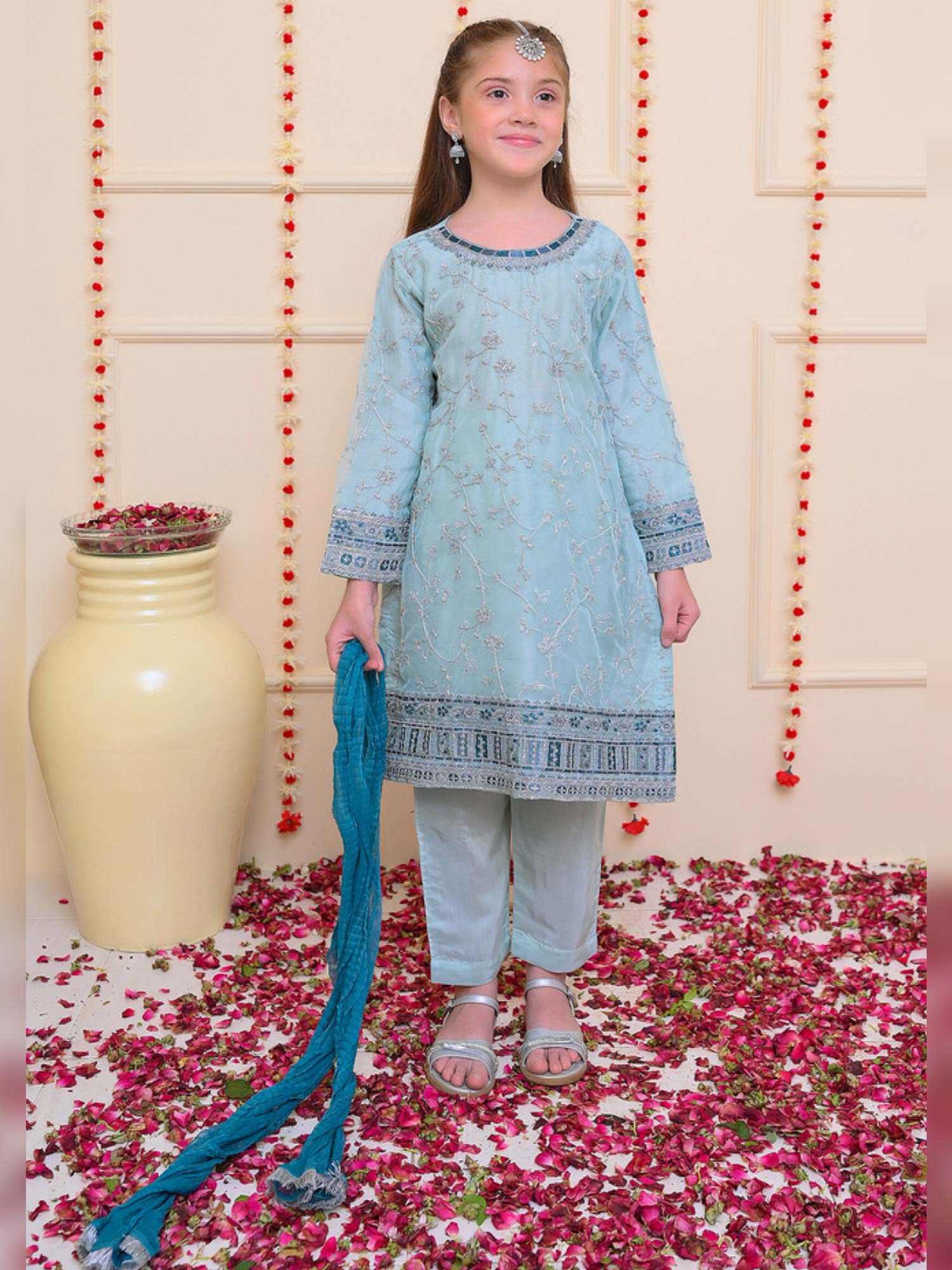 Kids Aqua Embroidered Organza 3-Piece Suit