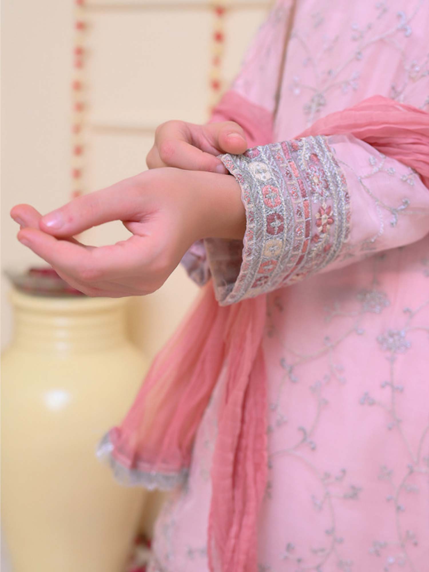 Kids Pink Embroidered Organza 3-Piece Suit