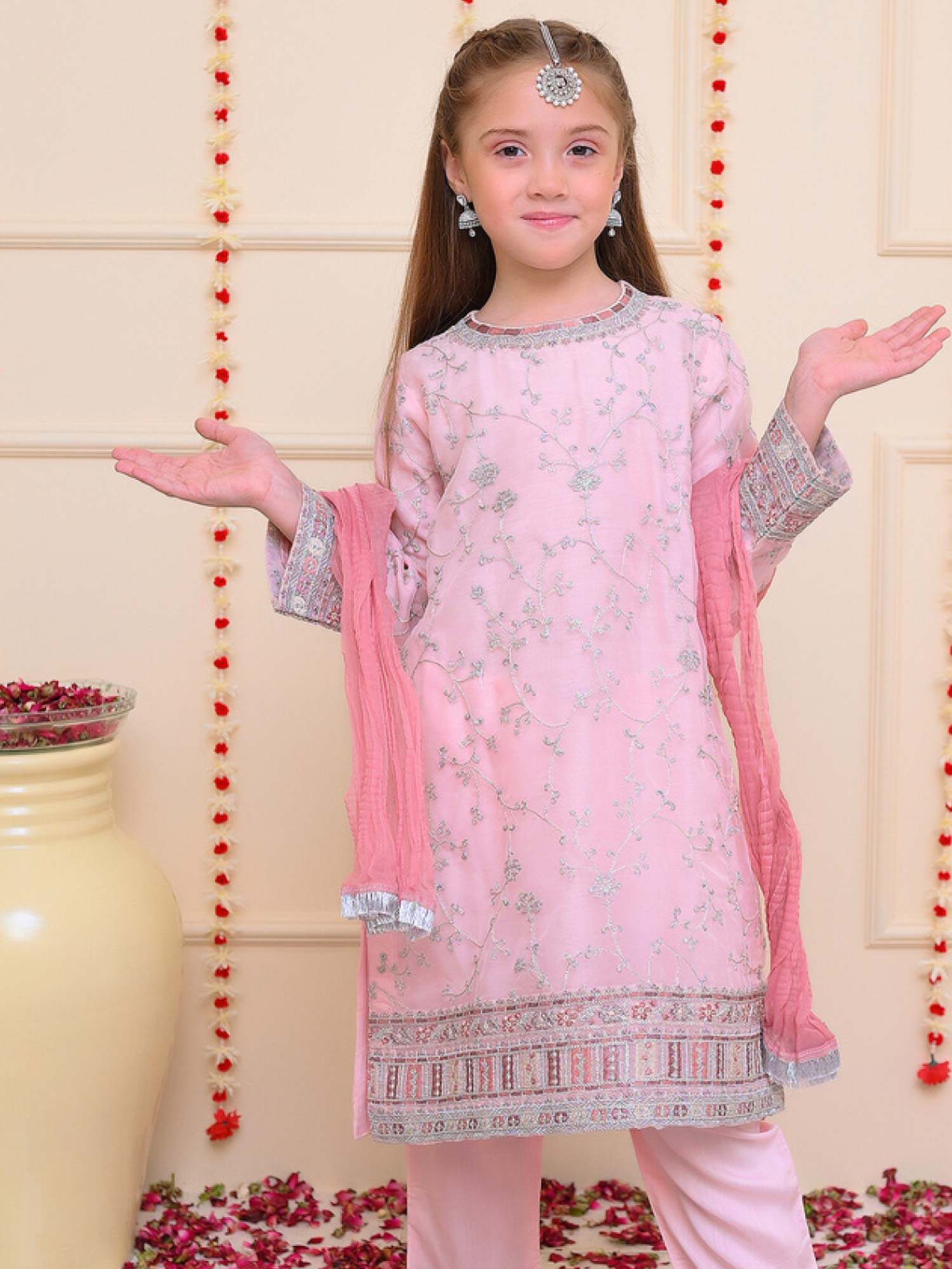 Kids Pink Embroidered Organza 3-Piece Suit