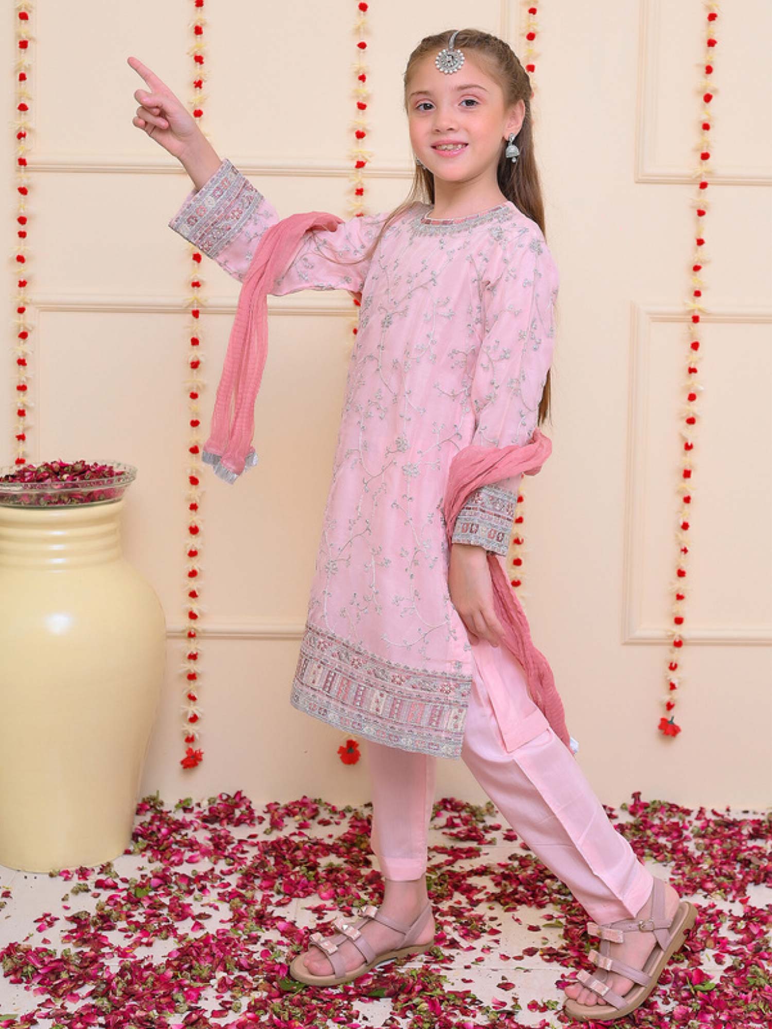 Kids Pink Embroidered Organza 3-Piece Suit