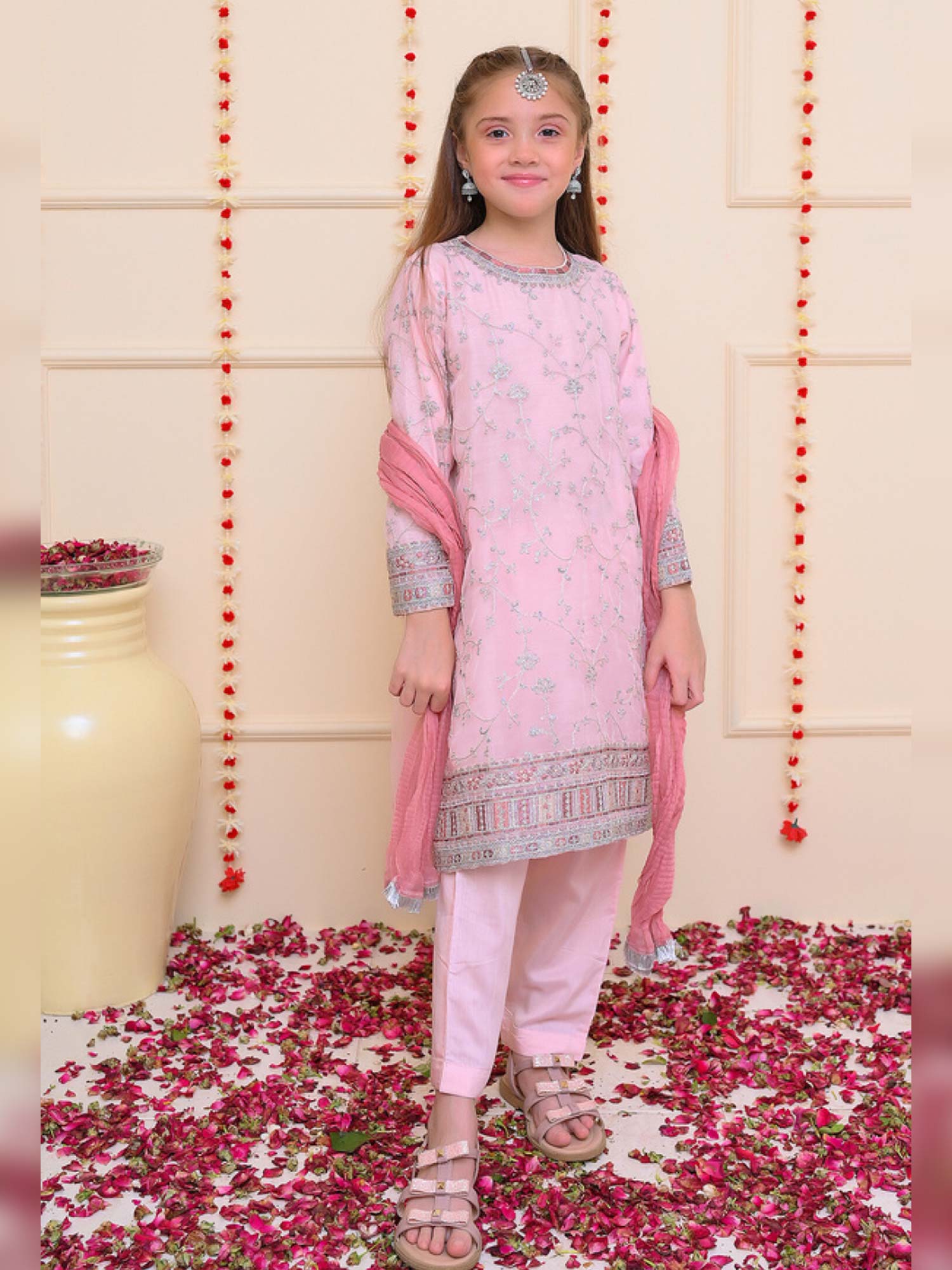 Kids Pink Embroidered Organza 3-Piece Suit