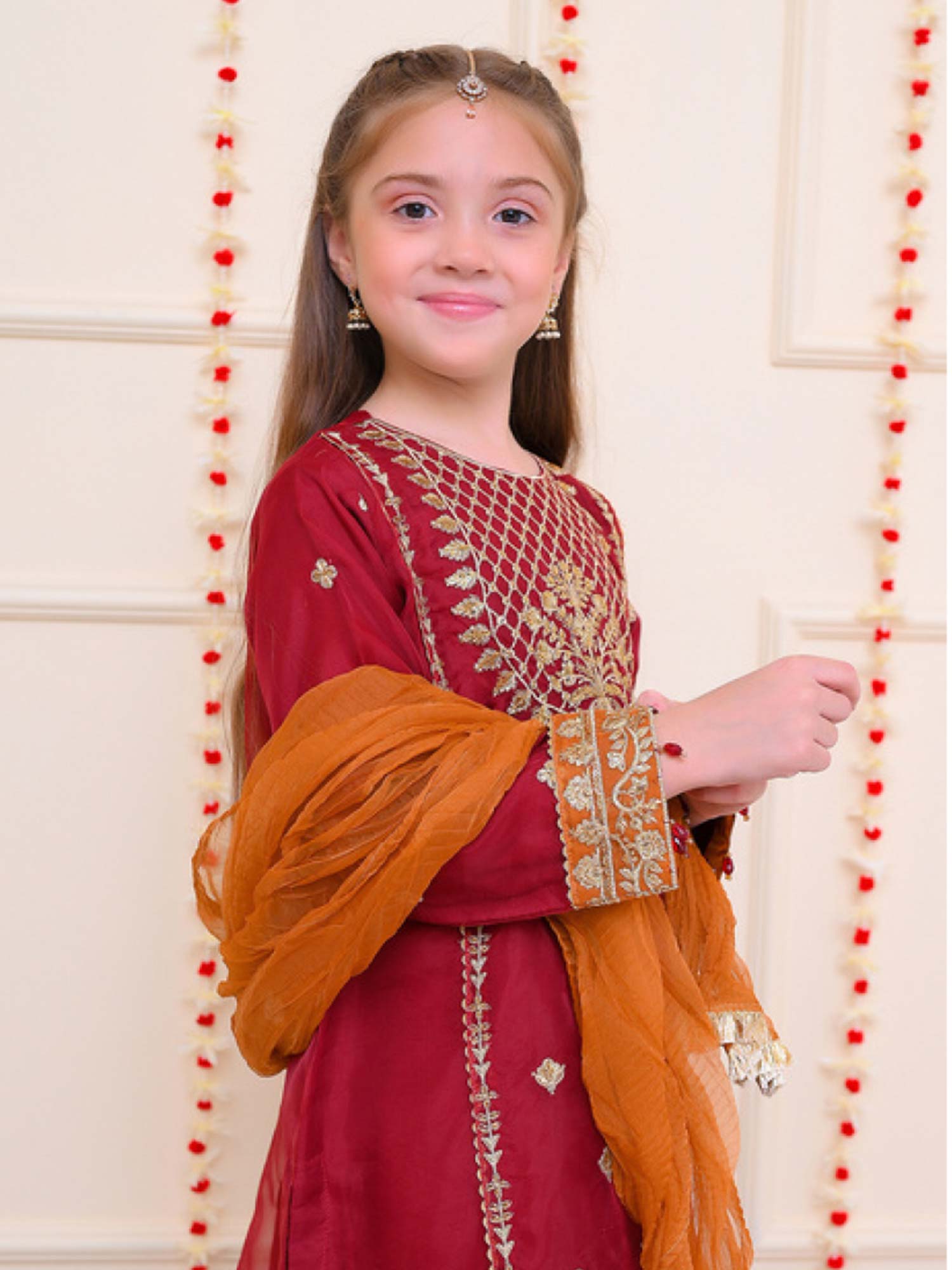 Kids Dark Red Embroidered Organza Suit with Silk Palazzo