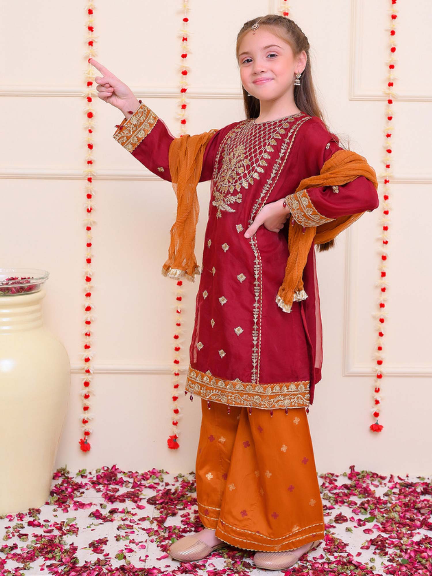 Kids Dark Red Embroidered Organza Suit with Silk Palazzo