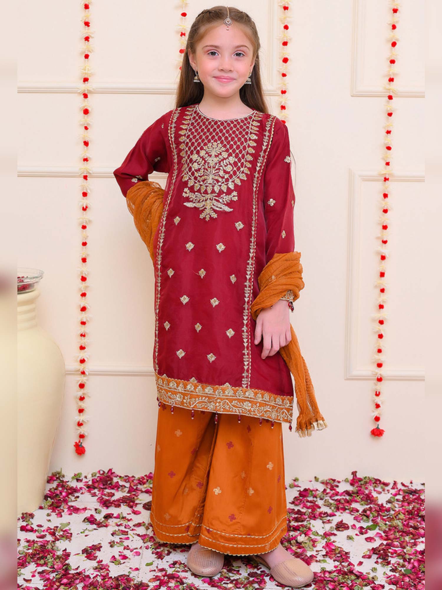 Kids Dark Red Embroidered Organza Suit with Silk Palazzo