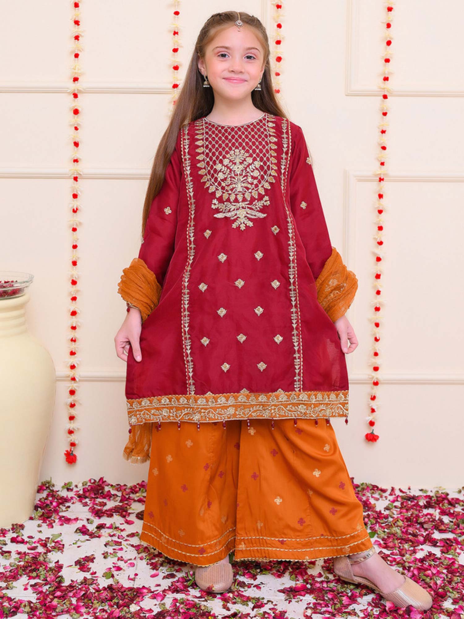 Kids Dark Red Embroidered Organza Suit with Silk Palazzo