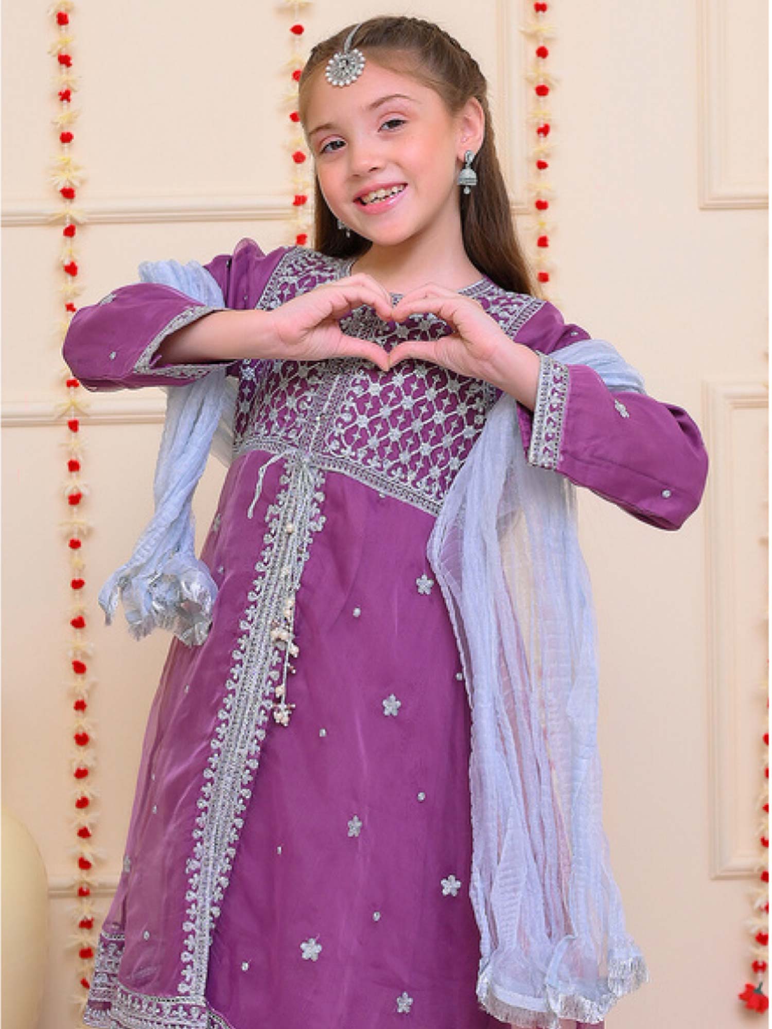 Kids Purple Embroidered Organza Frock 3-Piece Suit