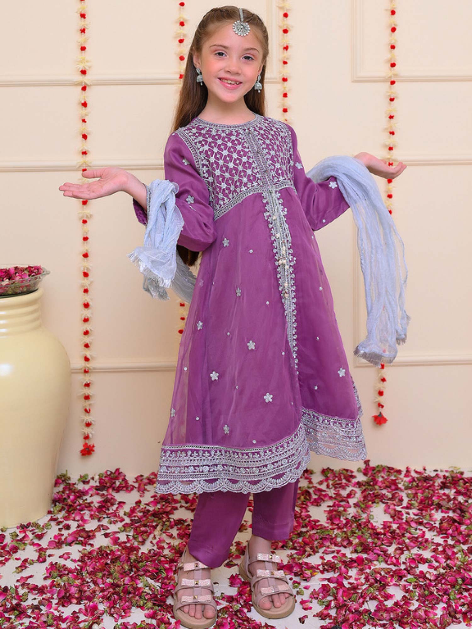 Kids Purple Embroidered Organza Frock 3-Piece Suit