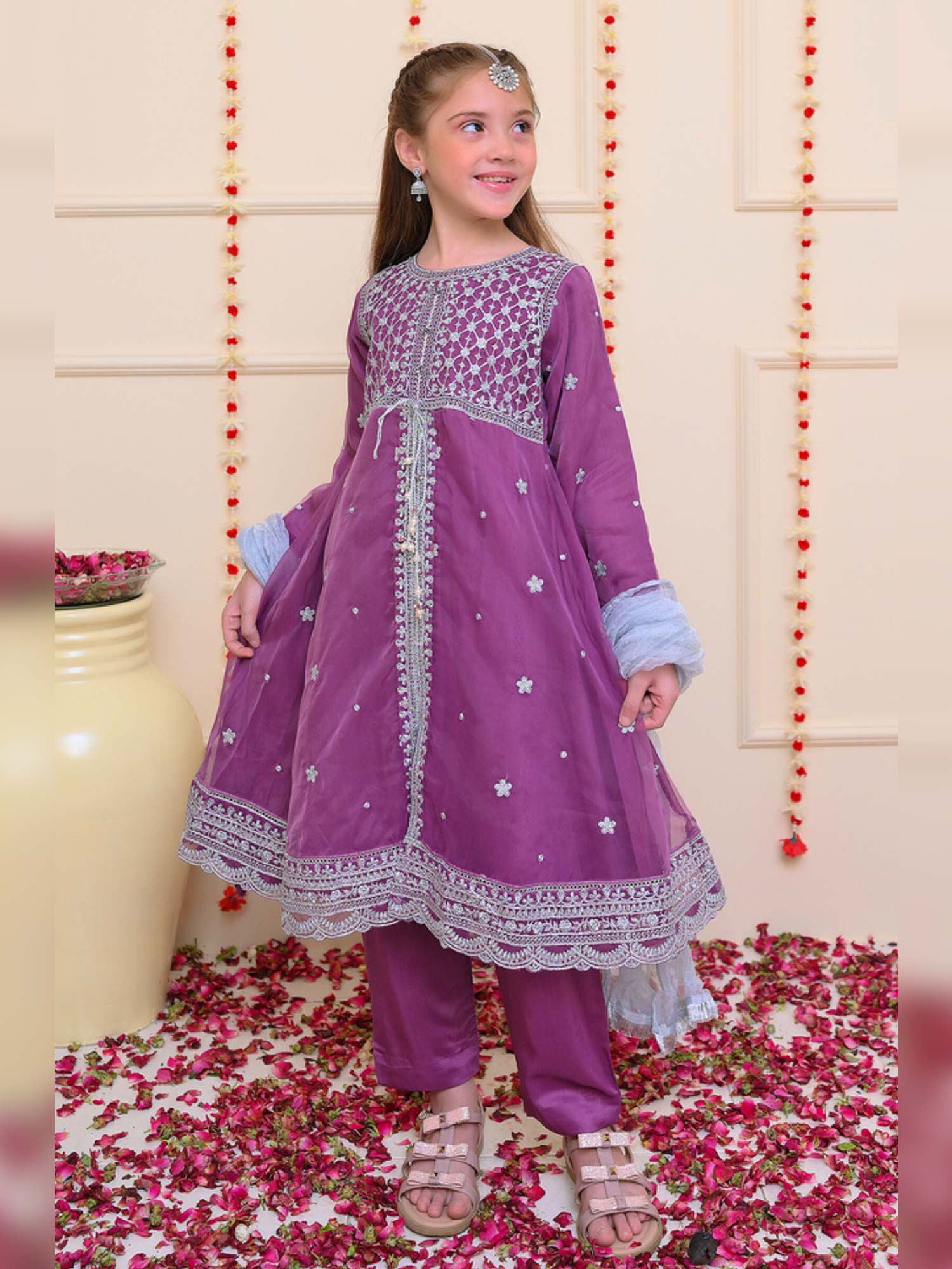 Kids Purple Embroidered Organza Frock 3-Piece Suit