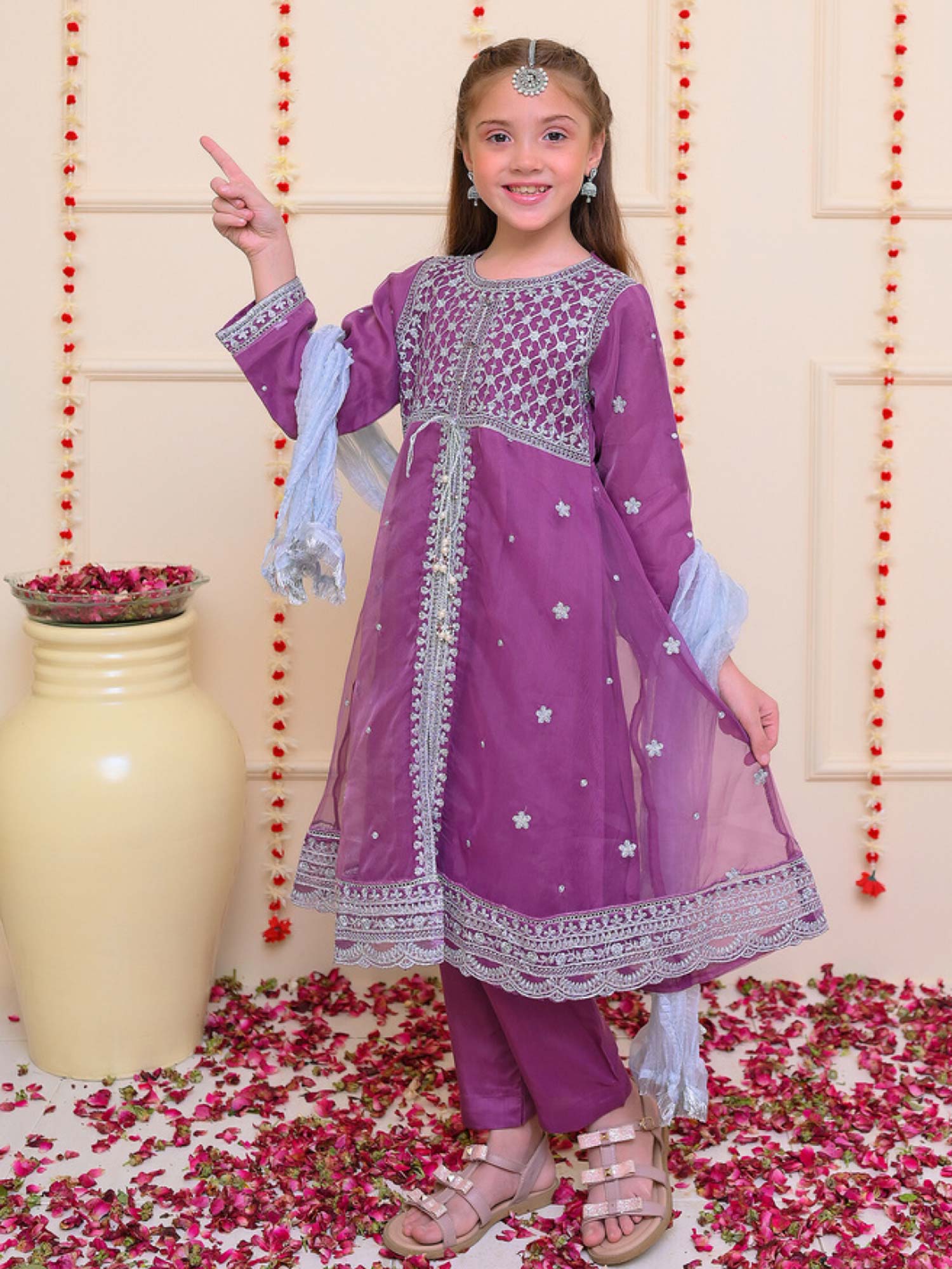 Kids Purple Embroidered Organza Frock 3-Piece Suit