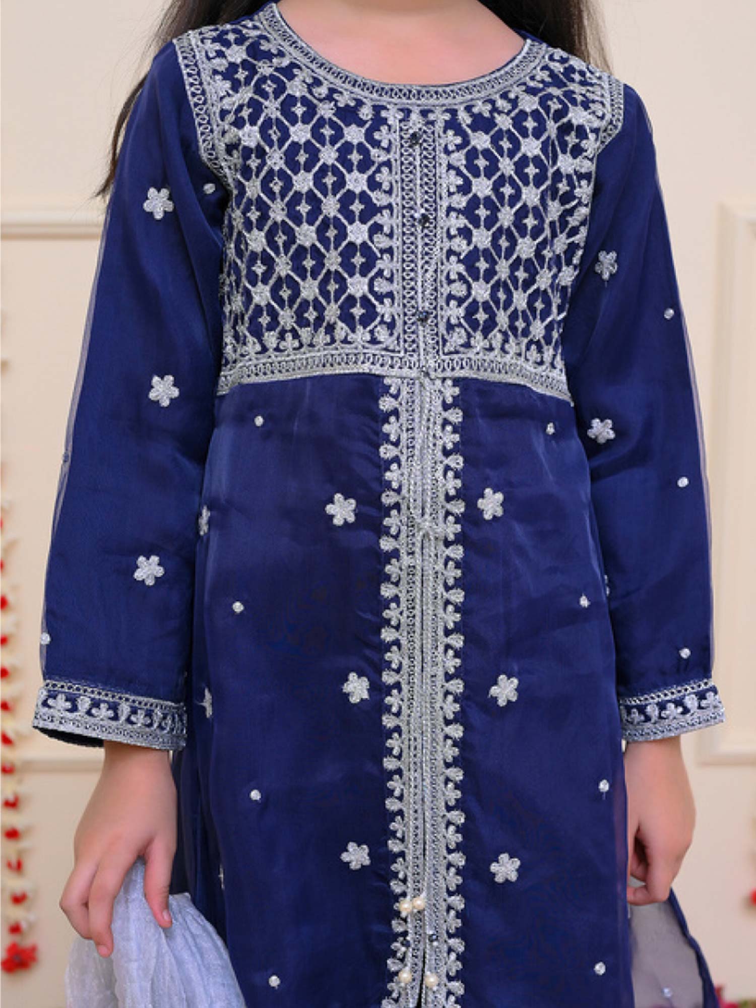 Kids Blue Embroidered Organza Frock 3-Piece Suit