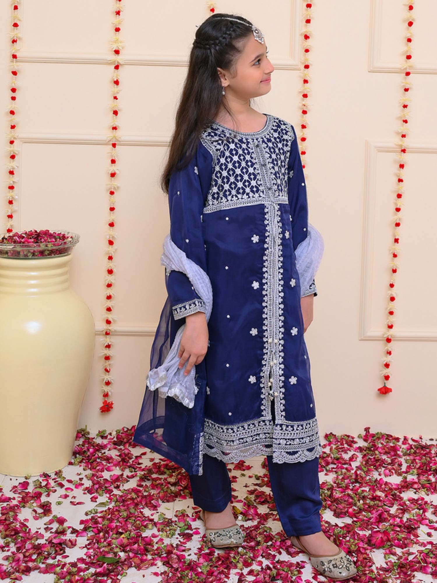 Kids Blue Embroidered Organza Frock 3-Piece Suit