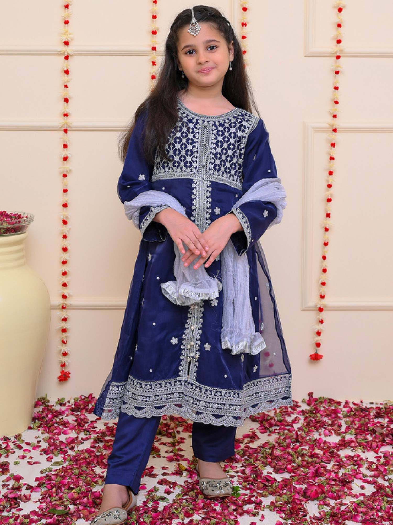 Kids Blue Embroidered Organza Frock 3-Piece Suit