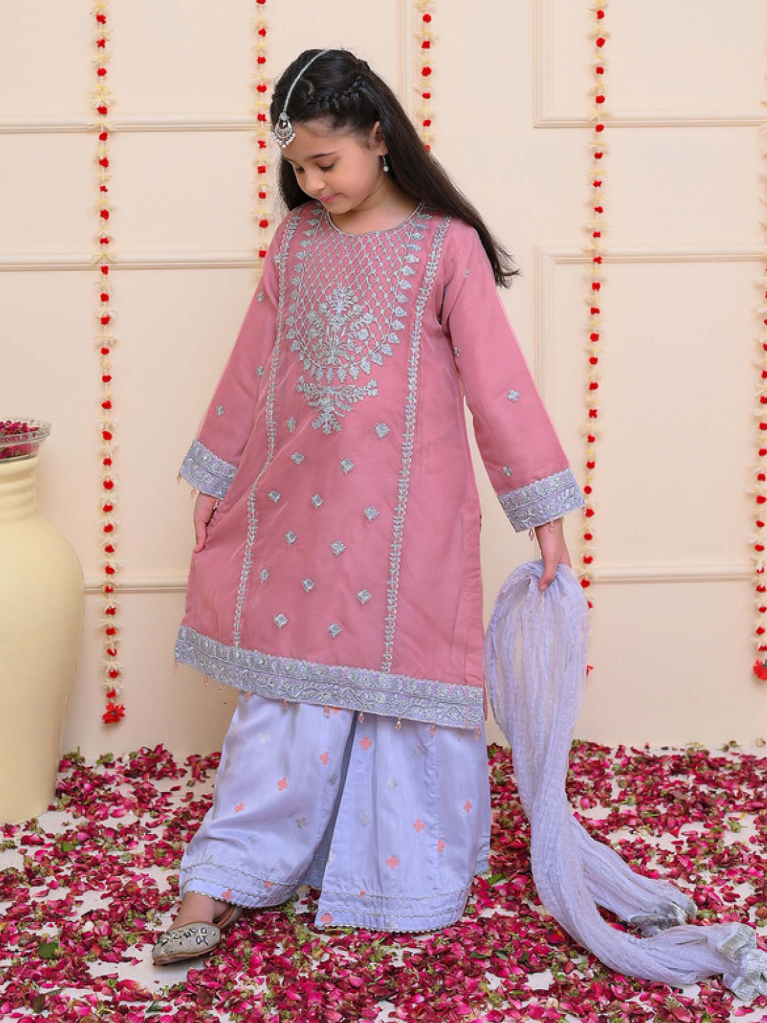 Kids Tea Pink Embroidered Organza Suit with Silk Palazzo