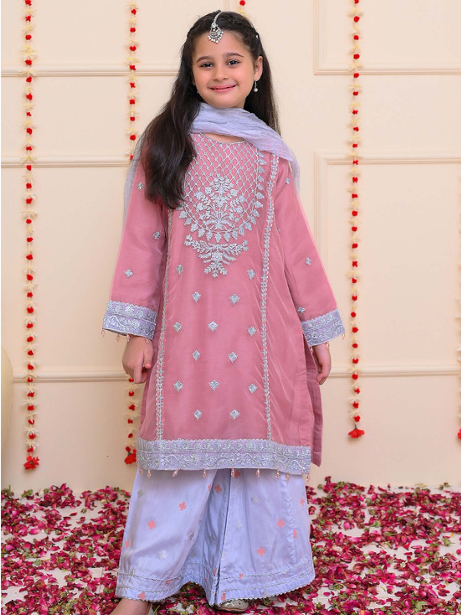 Kids Tea Pink Embroidered Organza Suit with Silk Palazzo