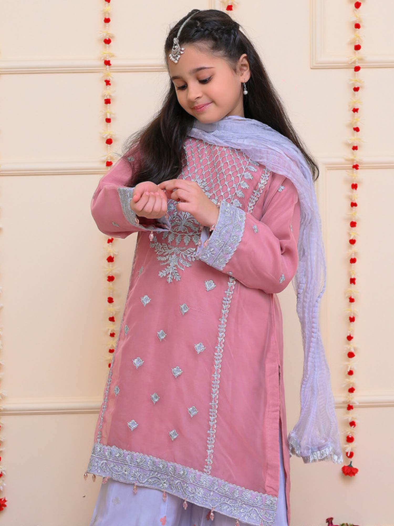 Kids Tea Pink Embroidered Organza Suit with Silk Palazzo