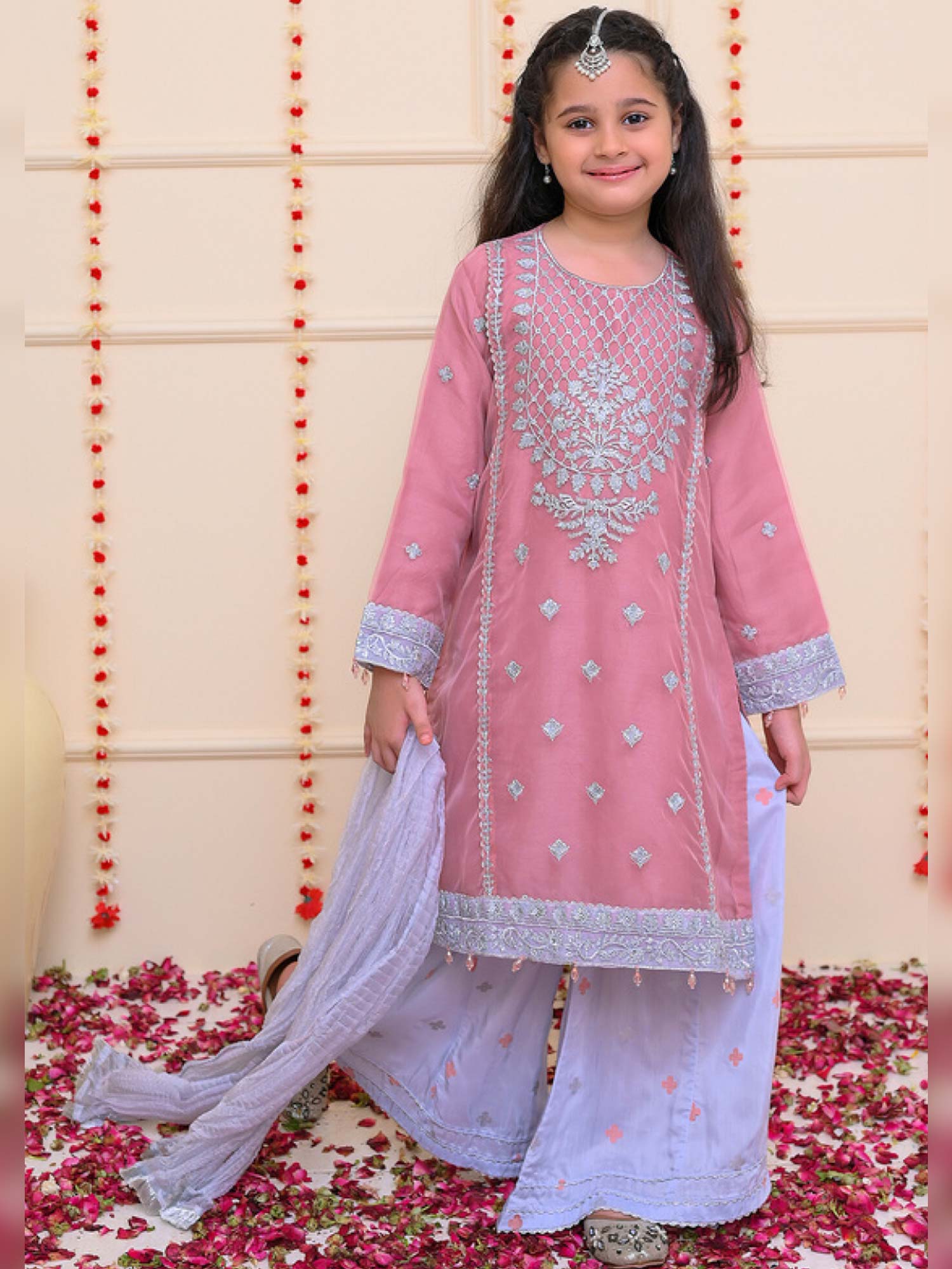 Kids Tea Pink Embroidered Organza Suit with Silk Palazzo