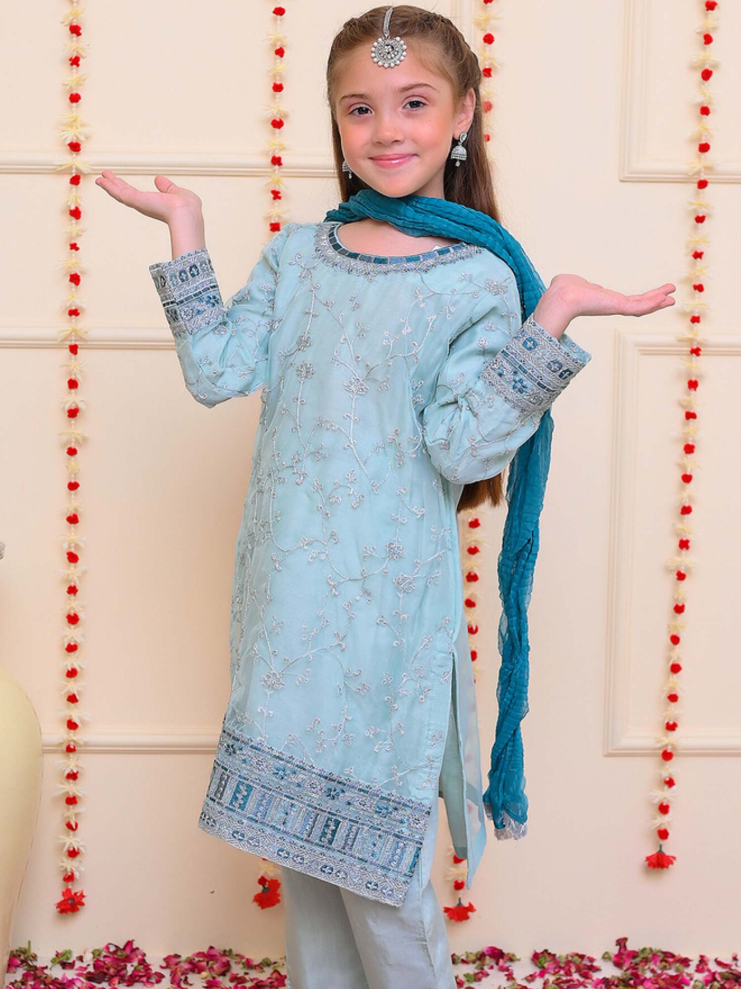 Kids Aqua Embroidered Organza 3-Piece Suit