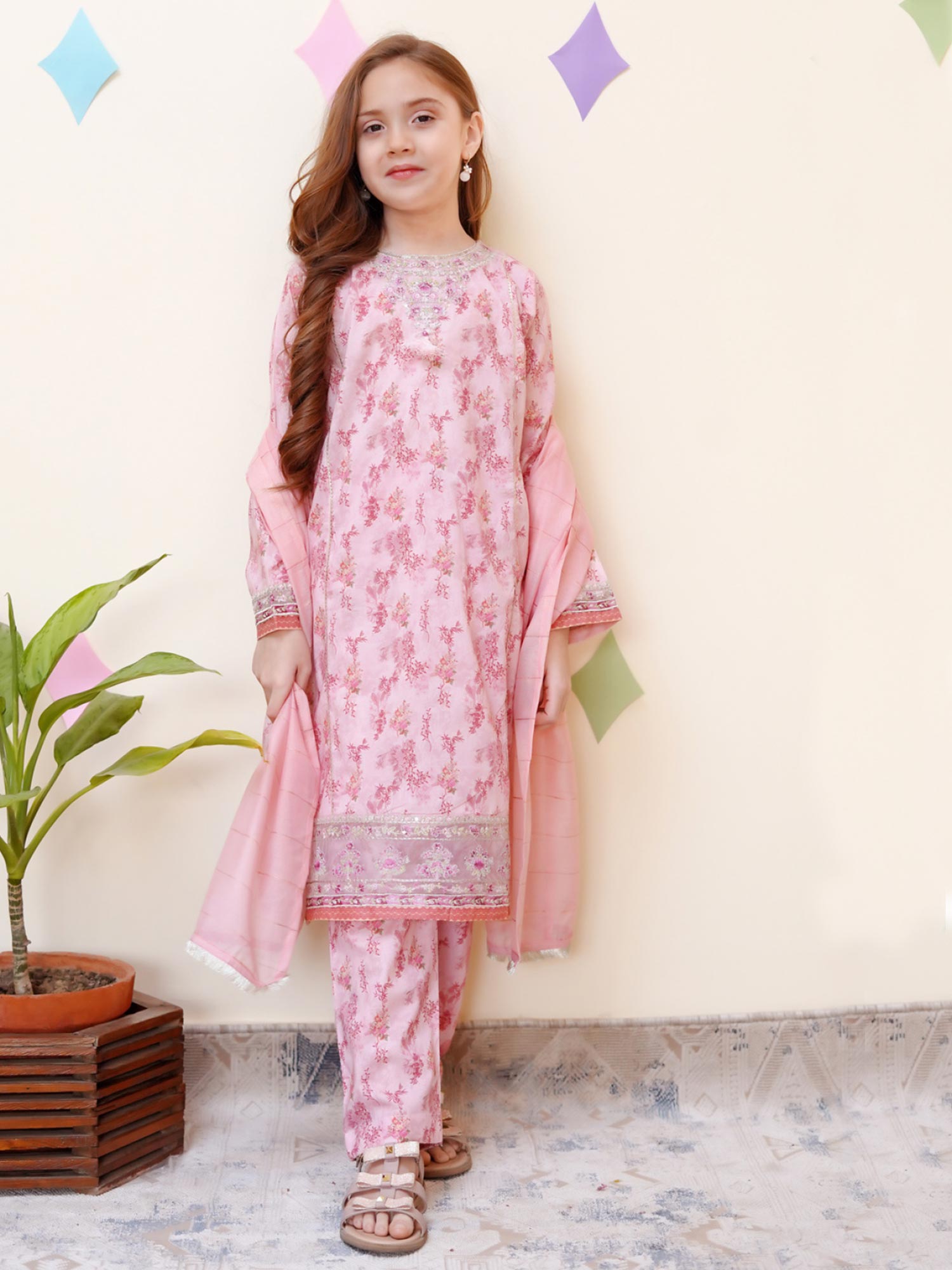 Kids Embroidered Cotton 3-Piece Co-Ords Suit - Tea Pink