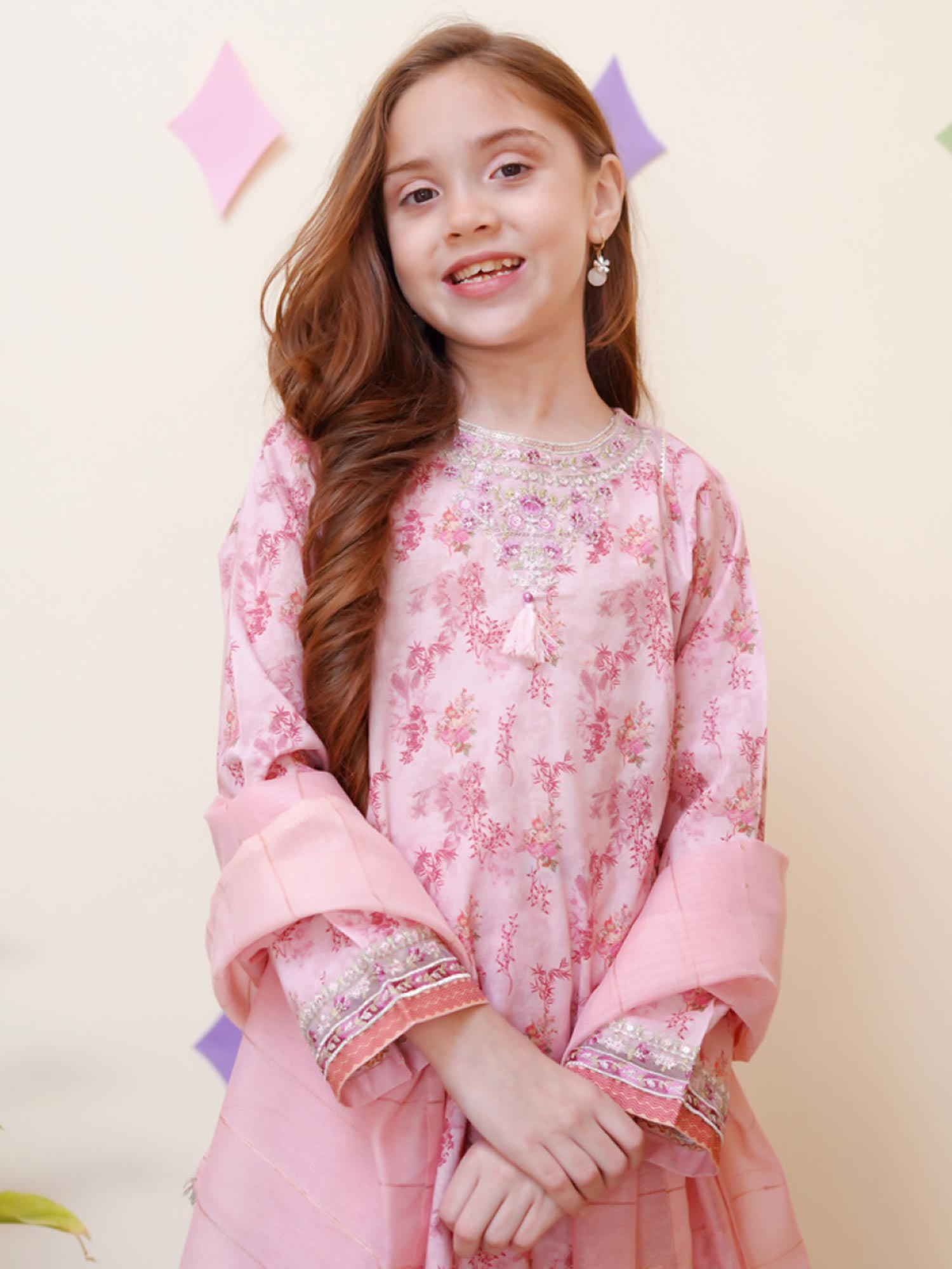 Kids Embroidered Cotton 3-Piece Co-Ords Suit - Tea Pink