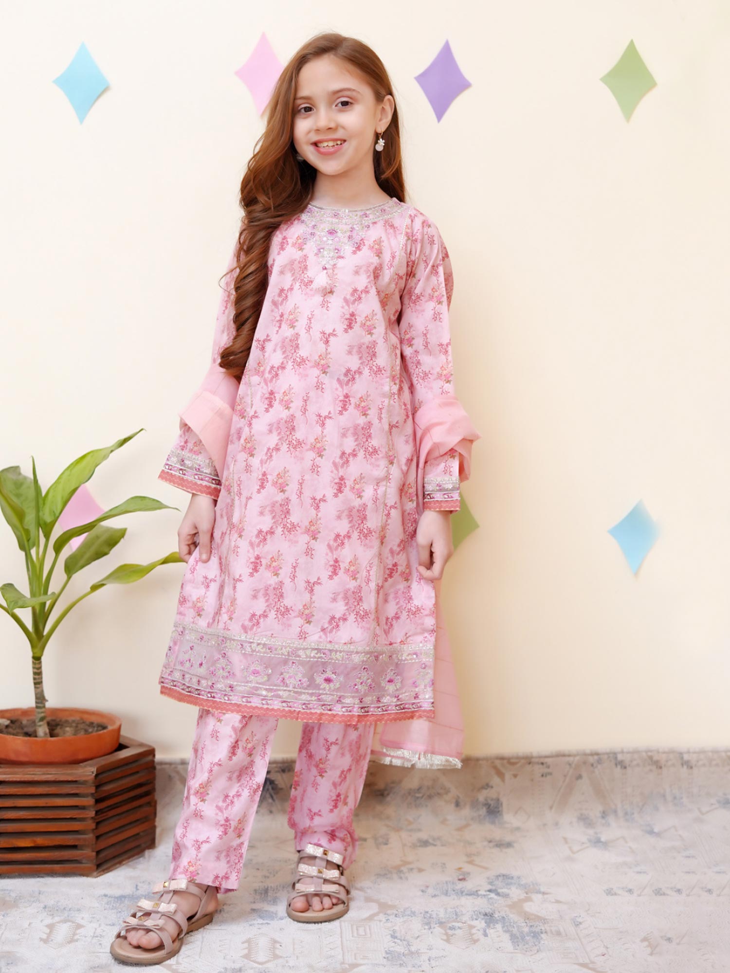 Kids Embroidered Cotton 3-Piece Co-Ords Suit - Tea Pink