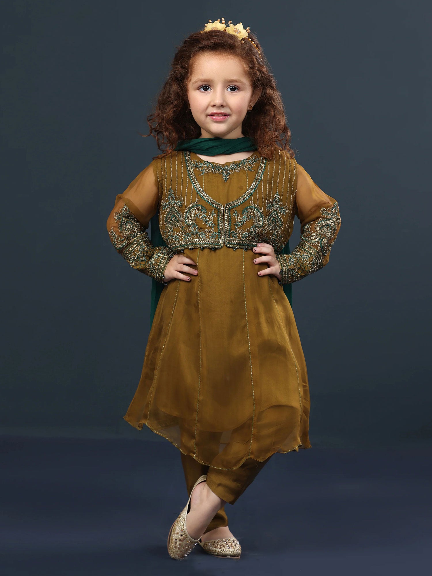 Sha Posh Kids Chiffon Embroidered Suit - Mehndi