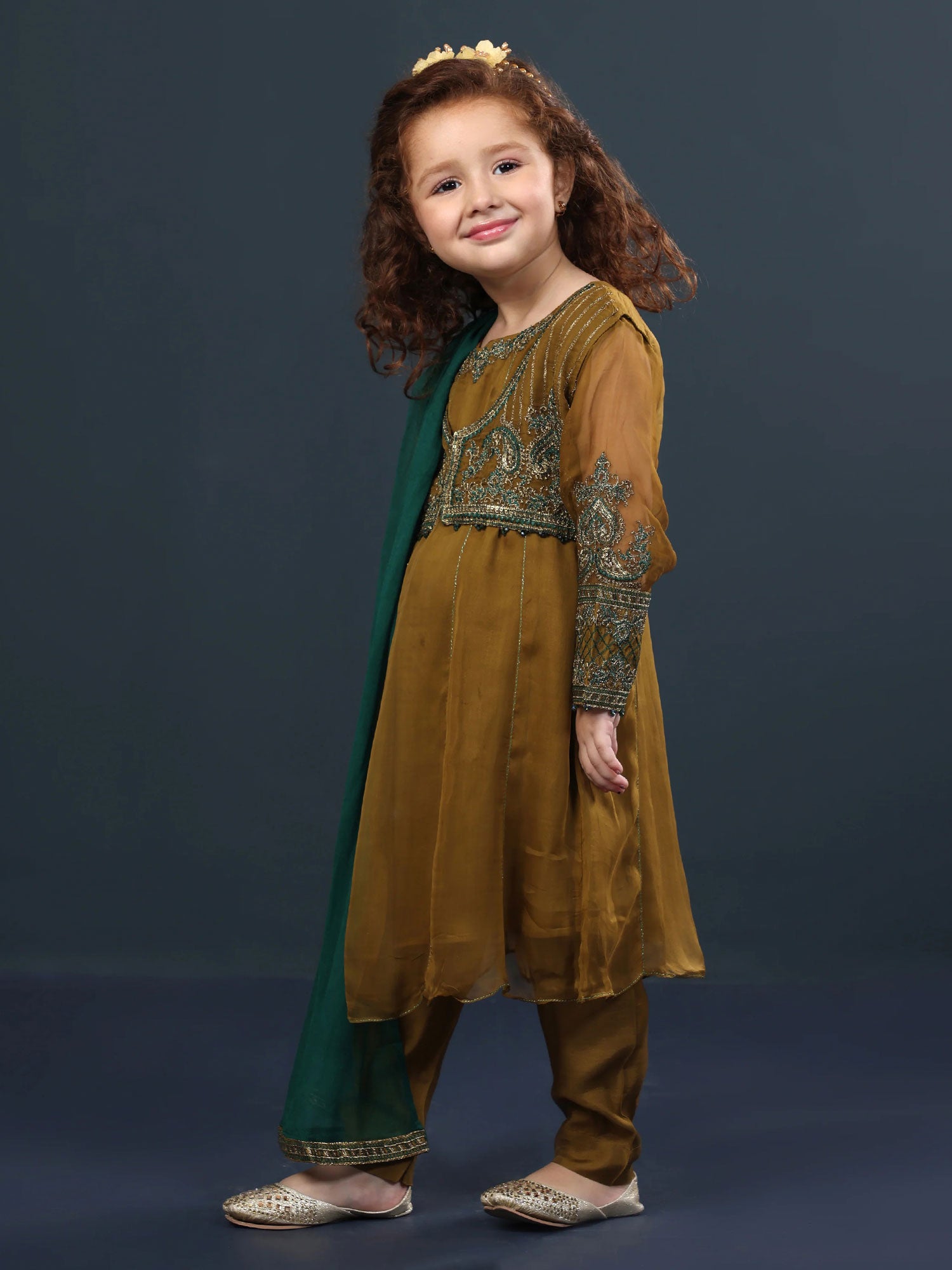 Sha Posh Kids Chiffon Embroidered Suit - Mehndi