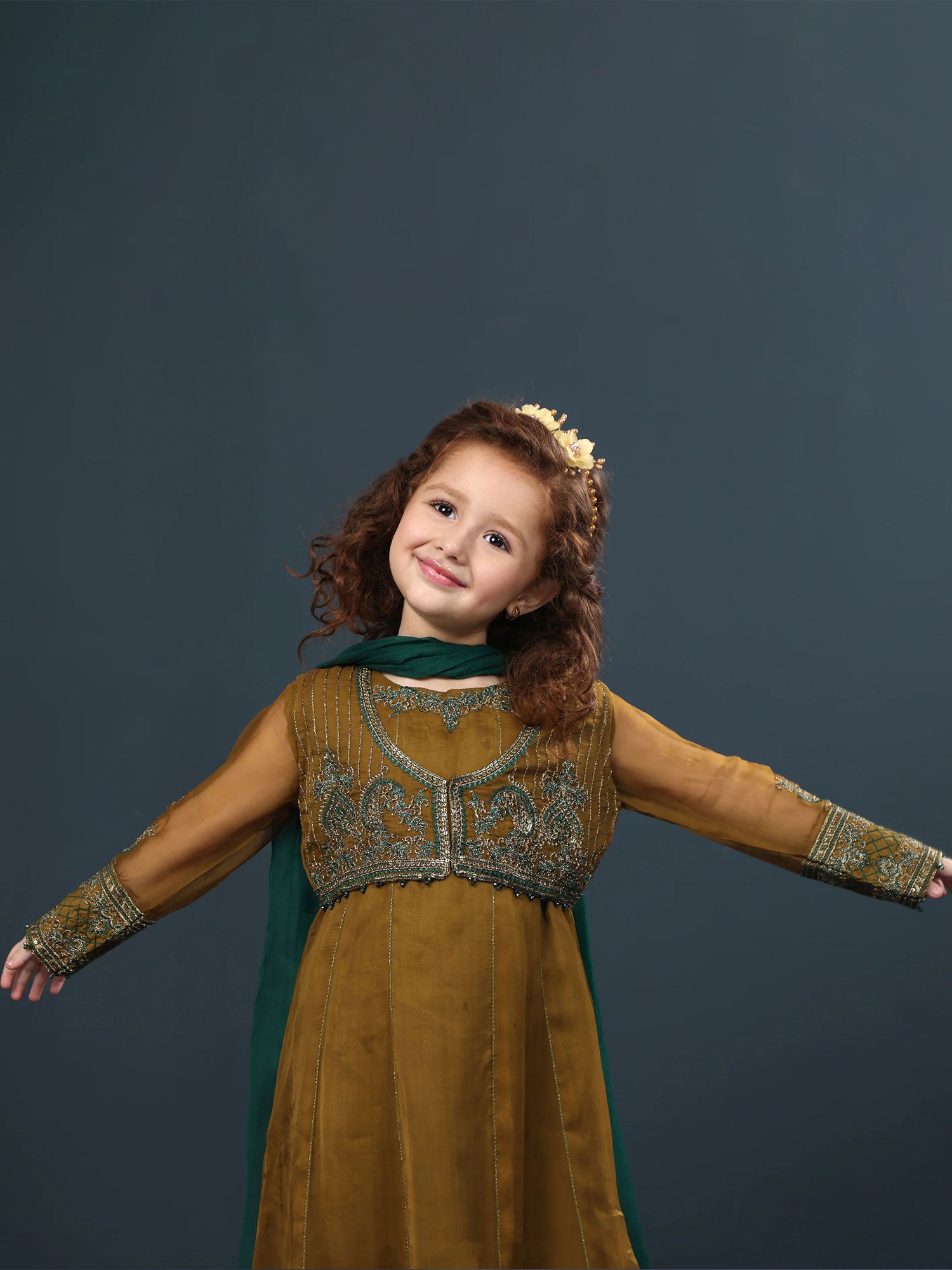 Sha Posh Kids Chiffon Embroidered Suit - Mehndi