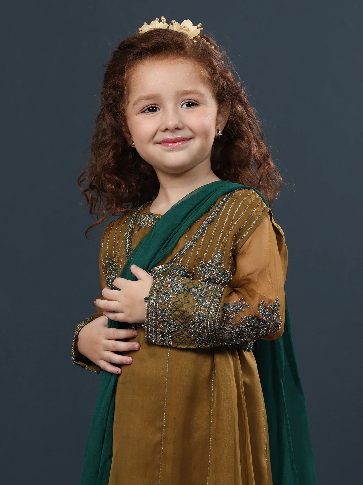 Sha Posh Kids Chiffon Embroidered Suit - Mehndi