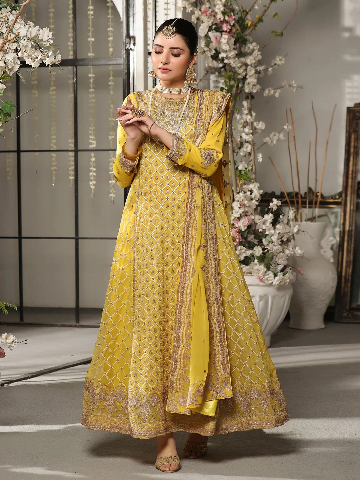 Wardah Uzair Embroidered Chiffon Maxi Suit - Yellow