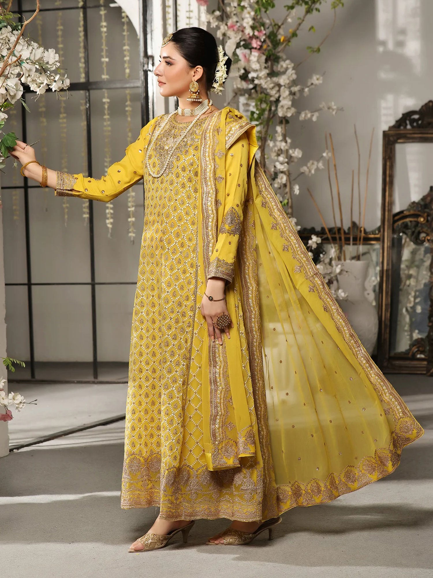 Wardah Uzair Embroidered Chiffon Maxi Suit - Yellow