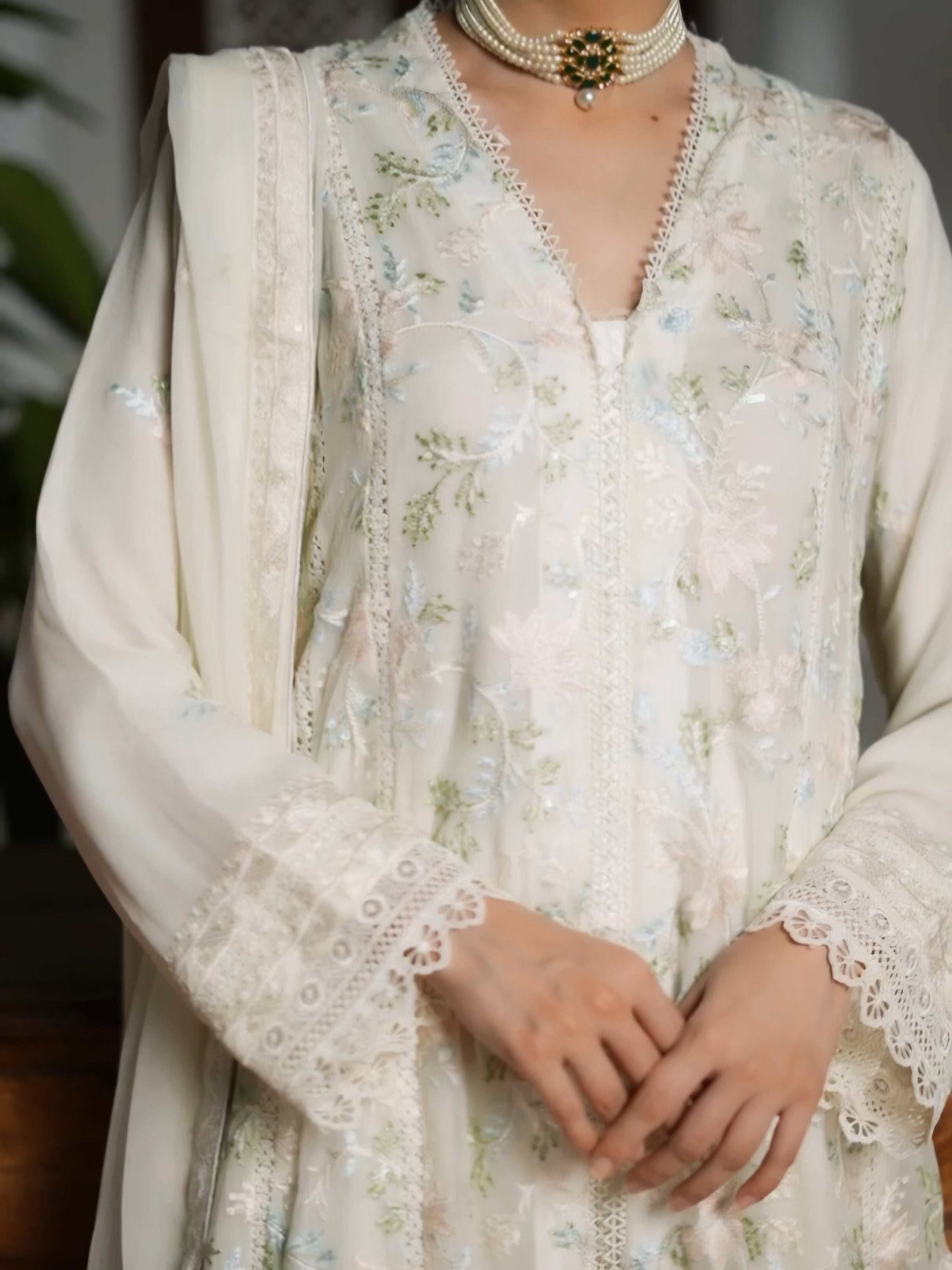 Wardah Uzair "Dil Ruba" Luxury Embroidered Chiffon Gown Suit - Chandni