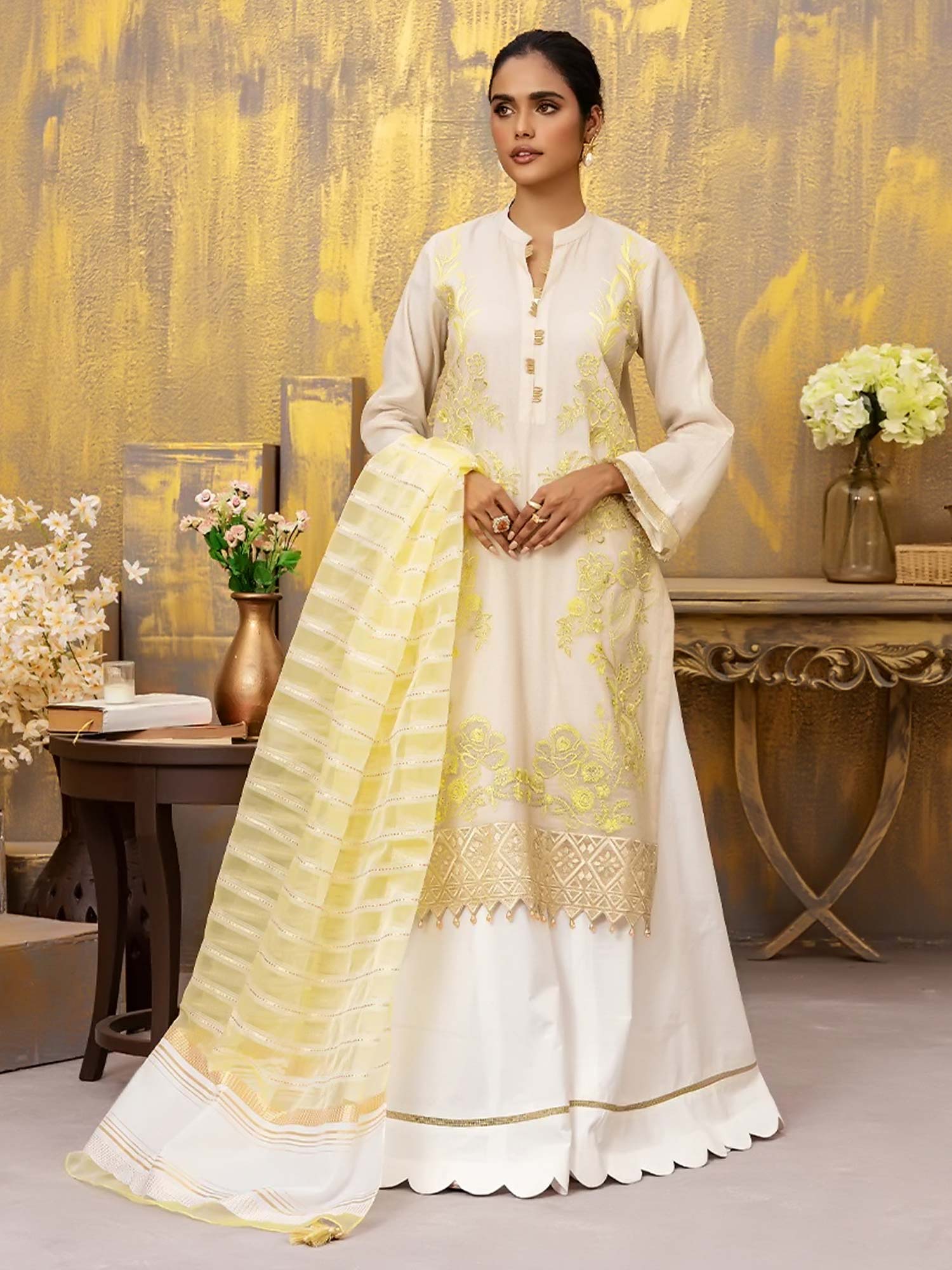 Salitex "Vogue" Unstitched Masoori Net & Silk Creamy White / Yellow Suit