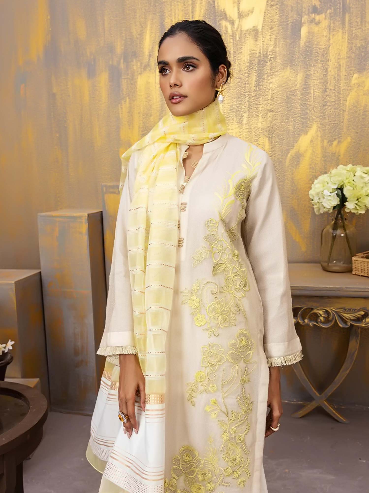 Salitex "Vogue" Unstitched Masoori Net & Silk Creamy White / Yellow Suit